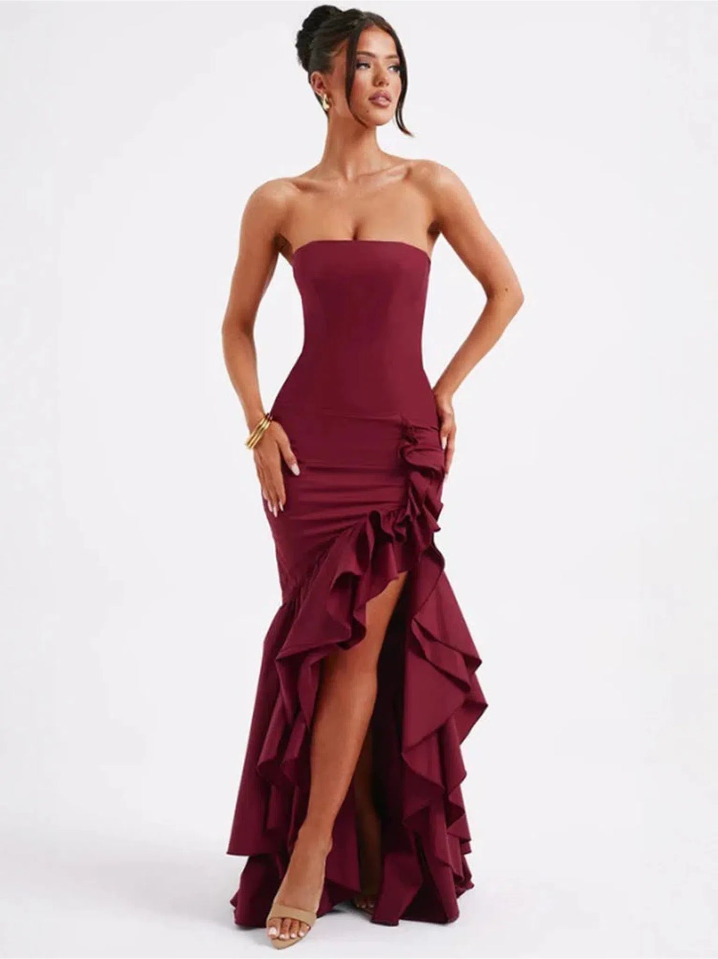 Strapless High Split Ruffle Long Dress for Women