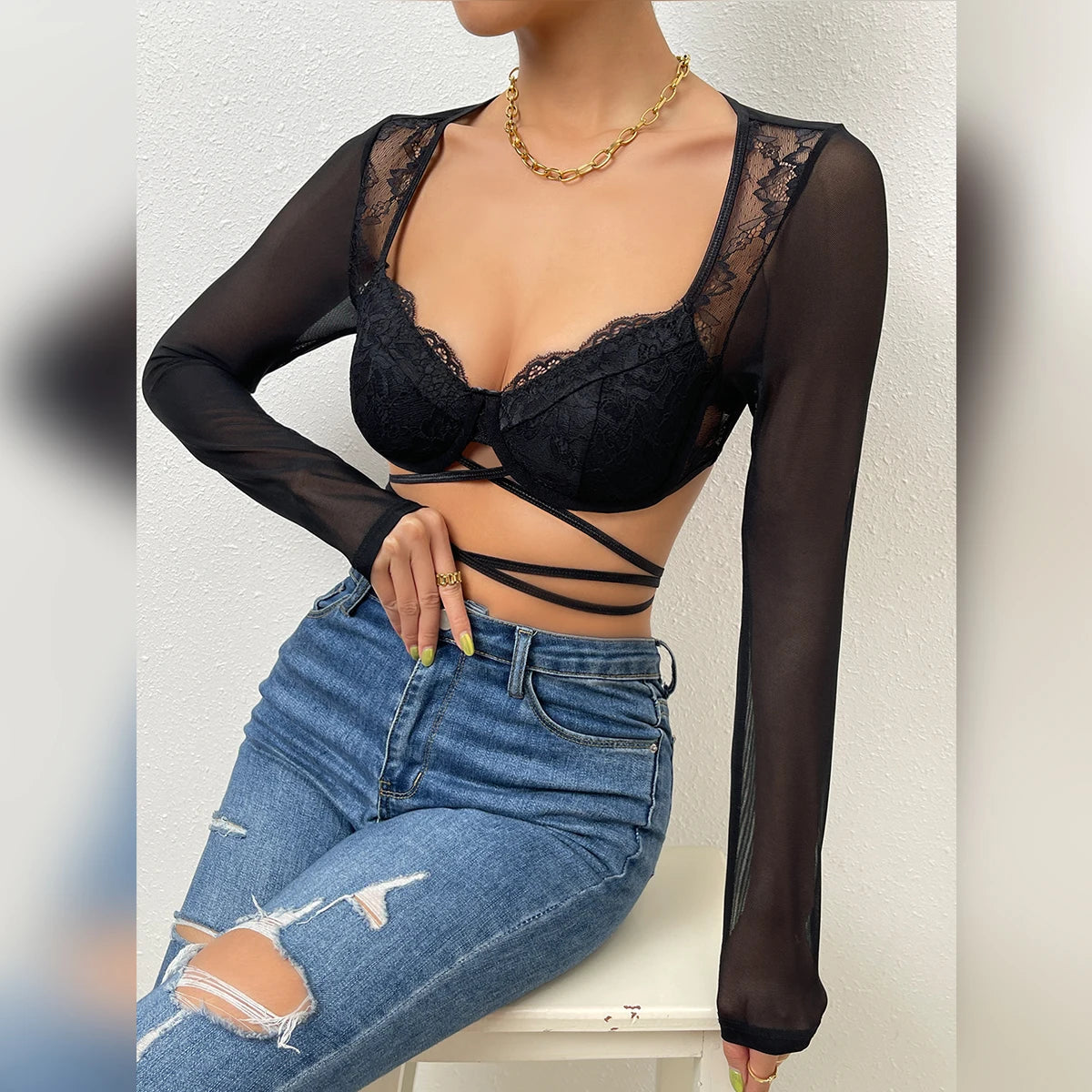 V-Neck Hollow Mesh Long Sleeve Crop Top