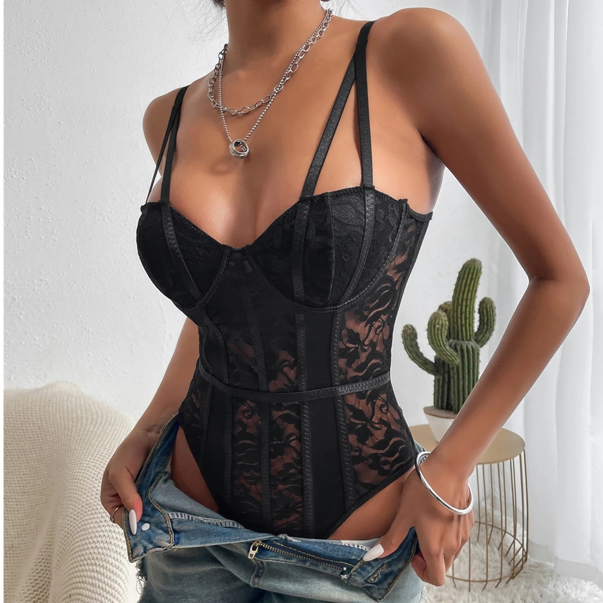 Lace Halter Floral Embroidery See-Through Bodysuit