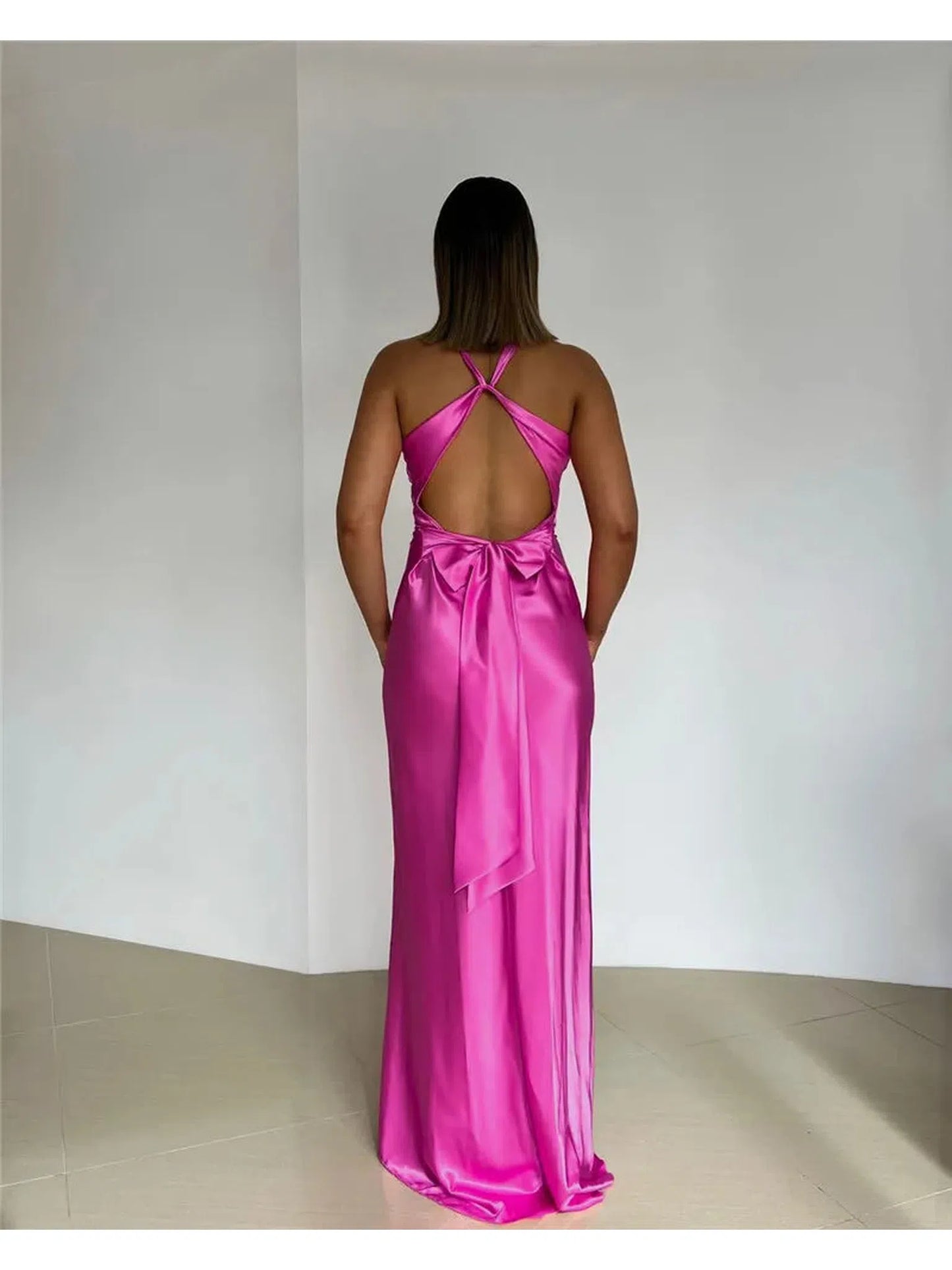 Satin Bow Backless Maxi Dress For Women Elegant Gown