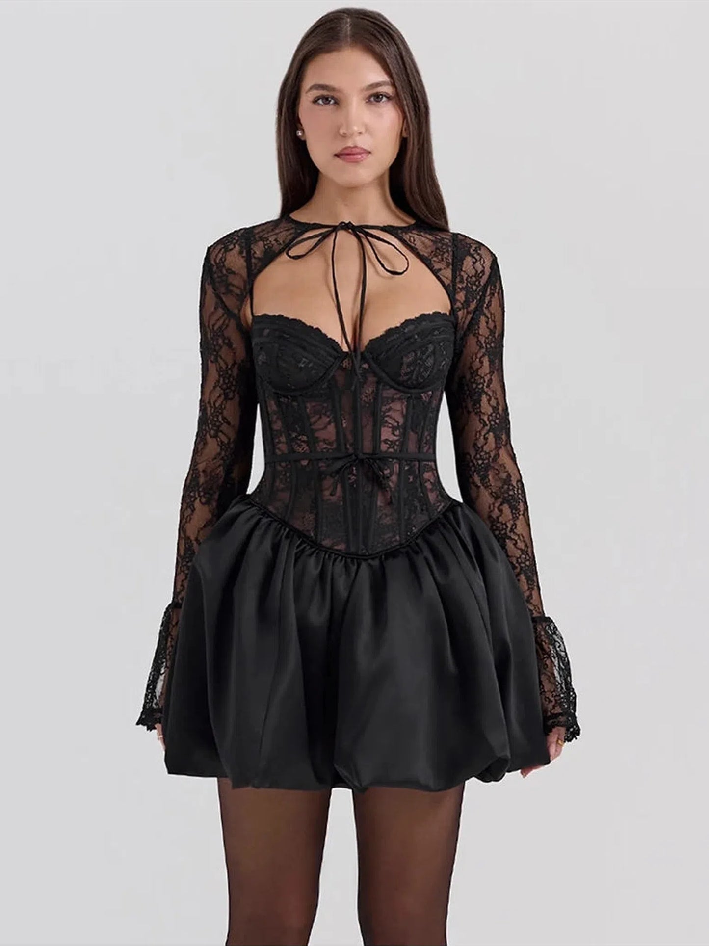 Black Lace Puffball Mini Dress with Sheer Sleeves