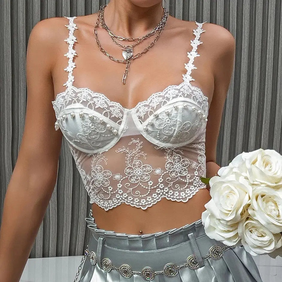 Lace See-Through Floral Embroidery Crop Top