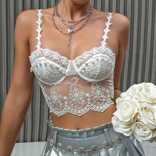 Lace See-Through Floral Embroidery Crop Top