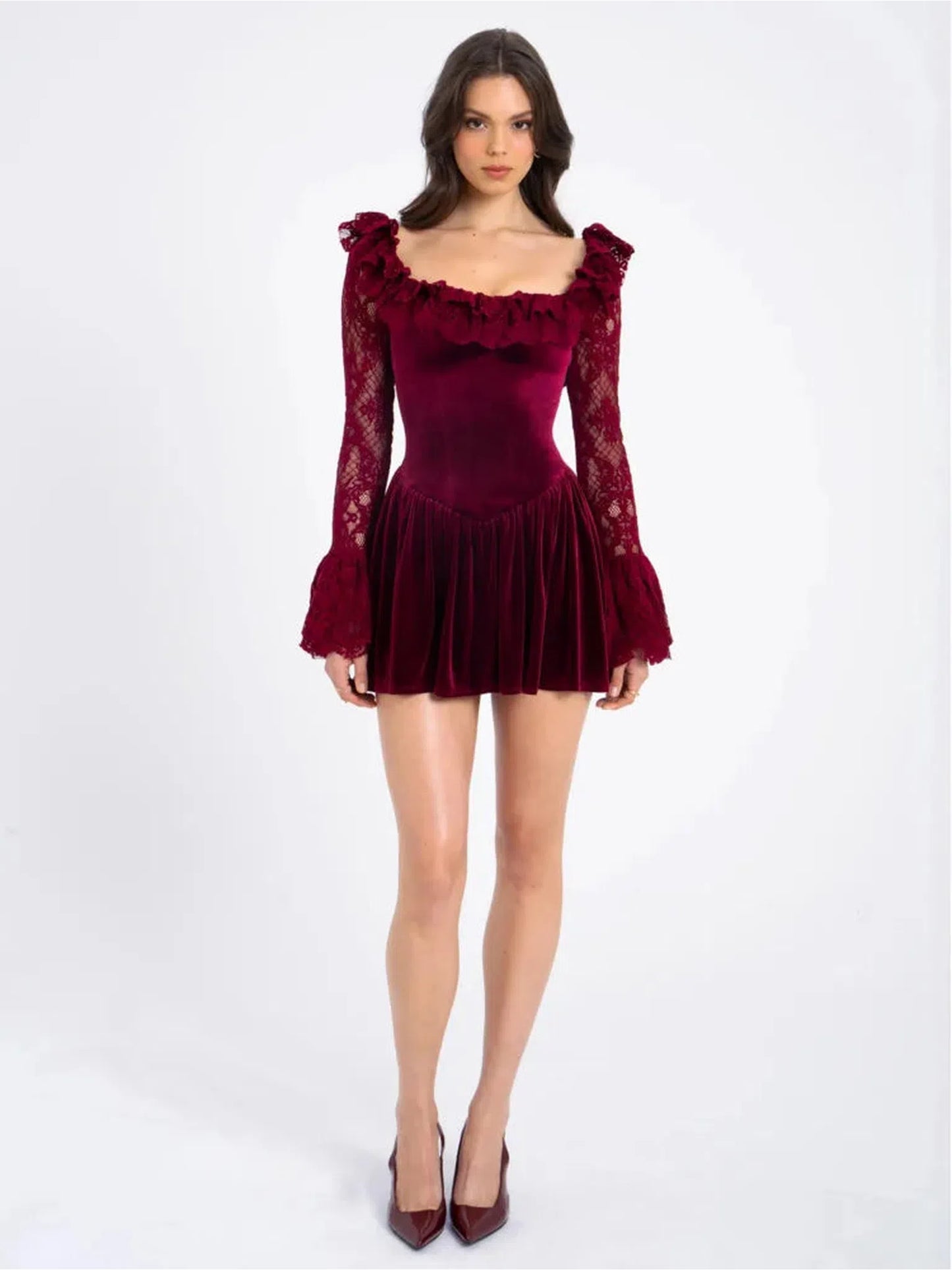 Elegant Burgundy Lace Flare Mini Dress For Women