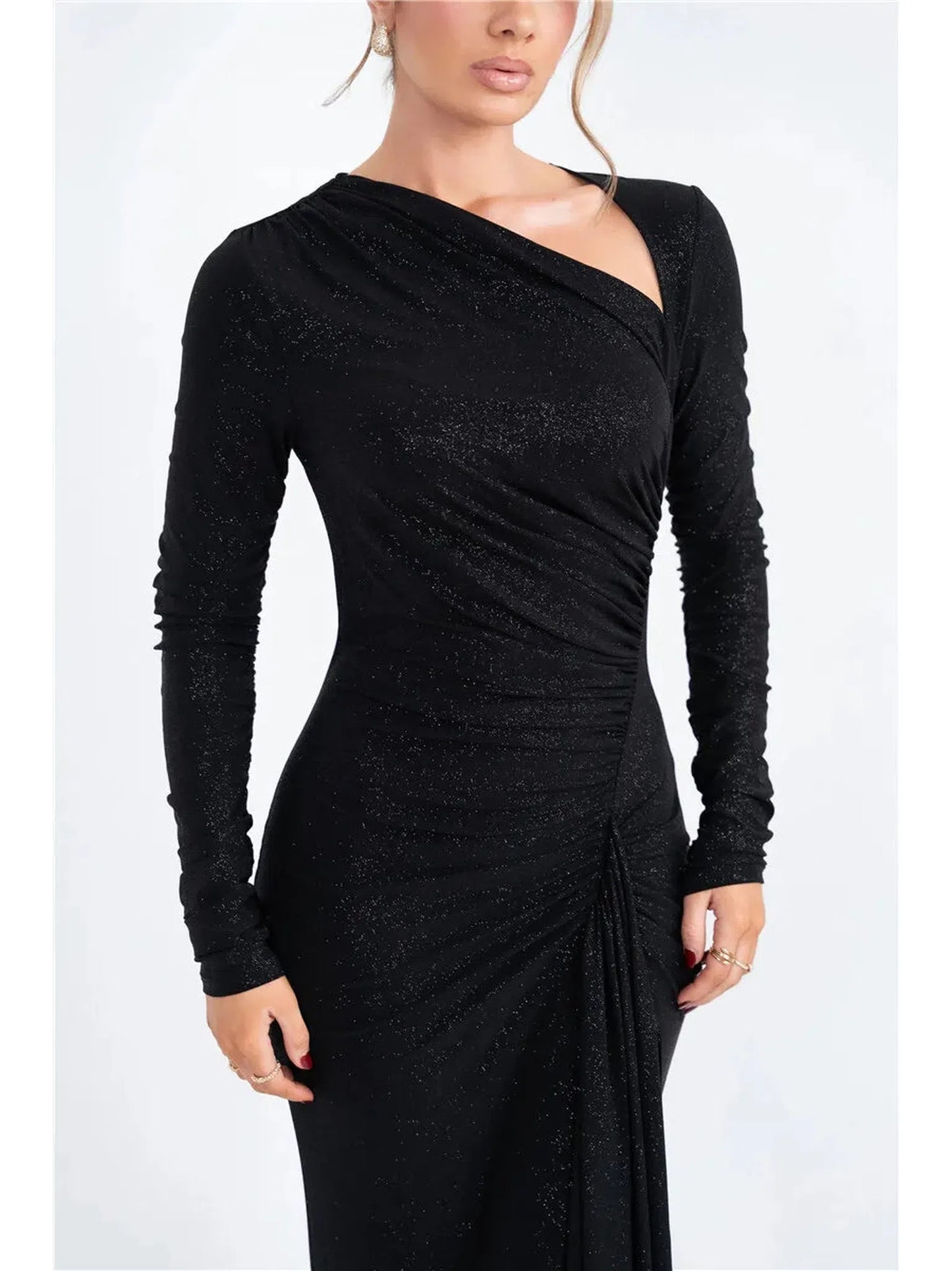 Sparkle Long Sleeve Ruched Maxi Dress With Thigh High Split