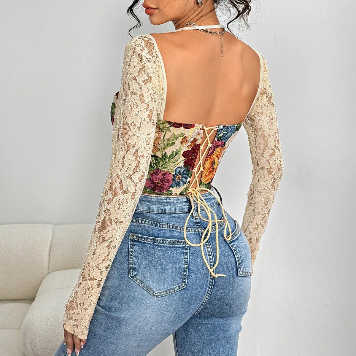 Vintage Floral Lace Insert Wrap Top