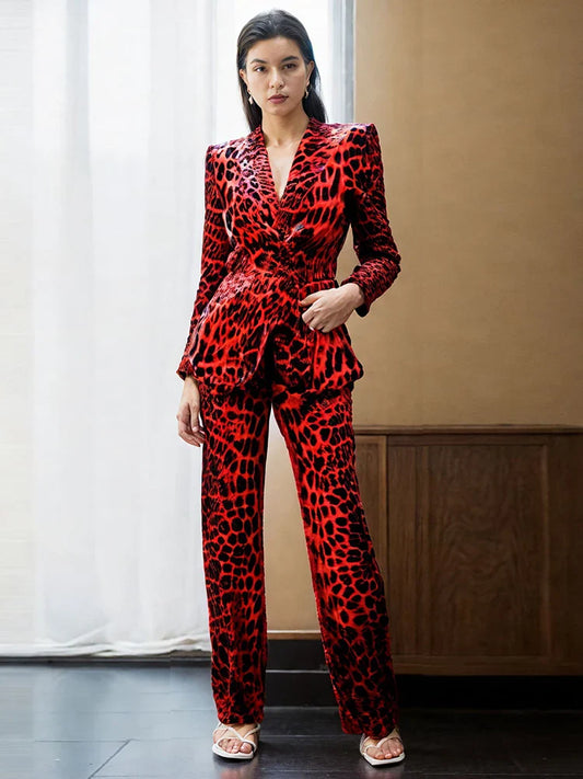 Red Leopard Blazer and Trouser Set