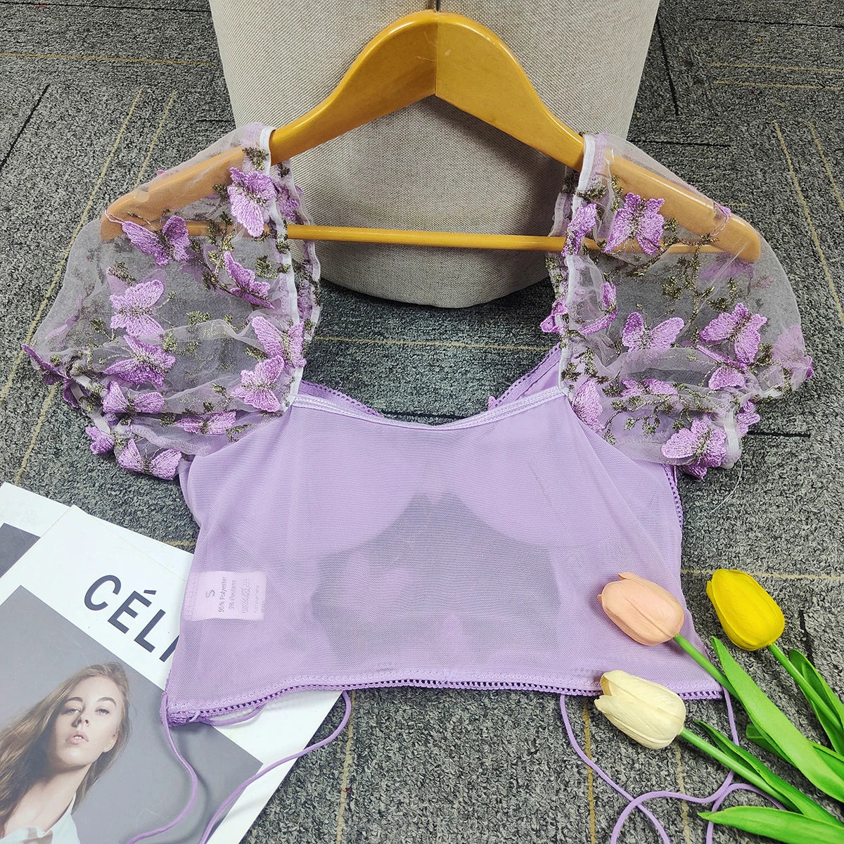 Sexy Mesh See-Through Crop Top with Butterfly Embroidery