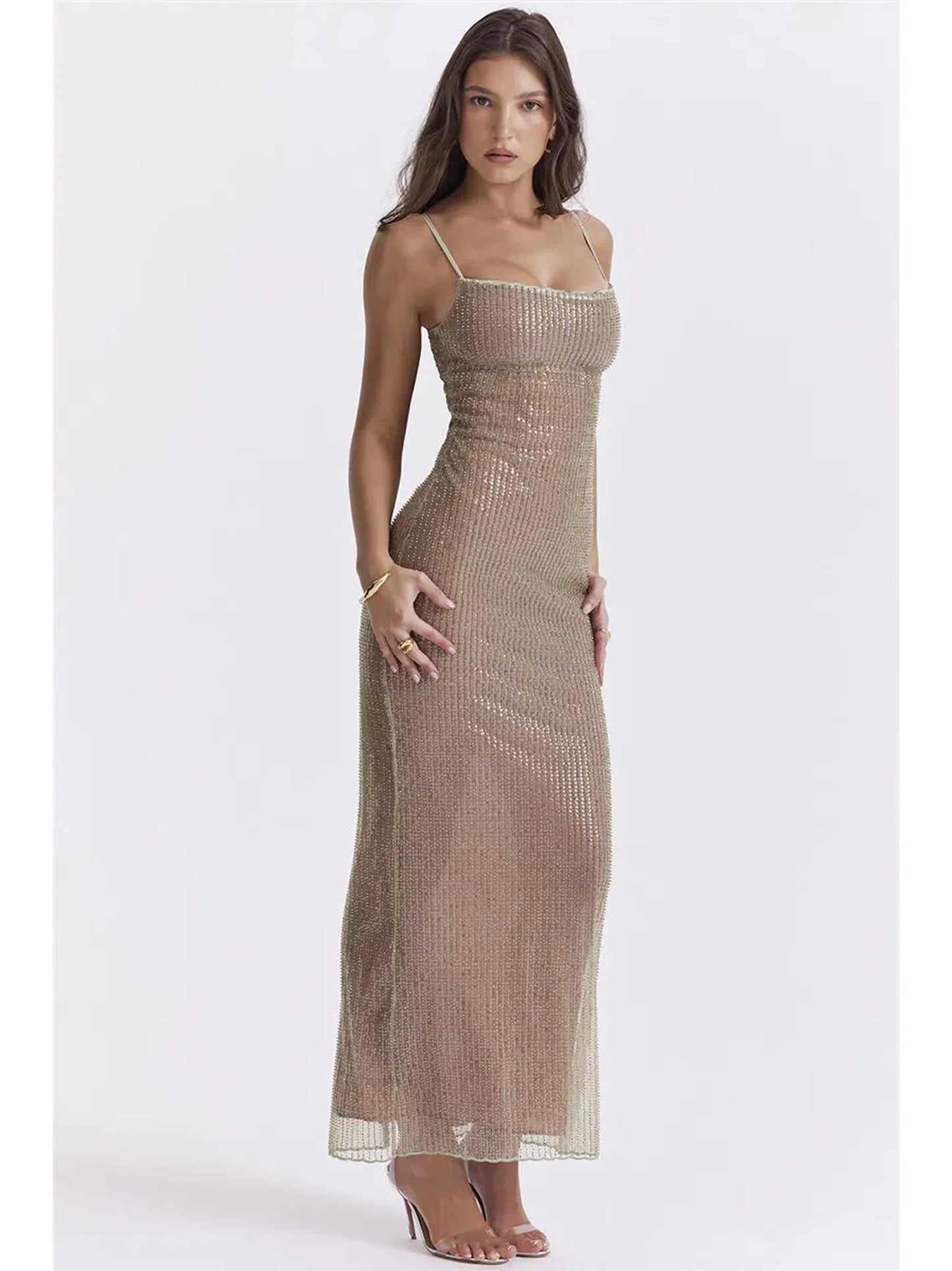 Sparkle Maxi Dress with Spaghetti Straps and Split