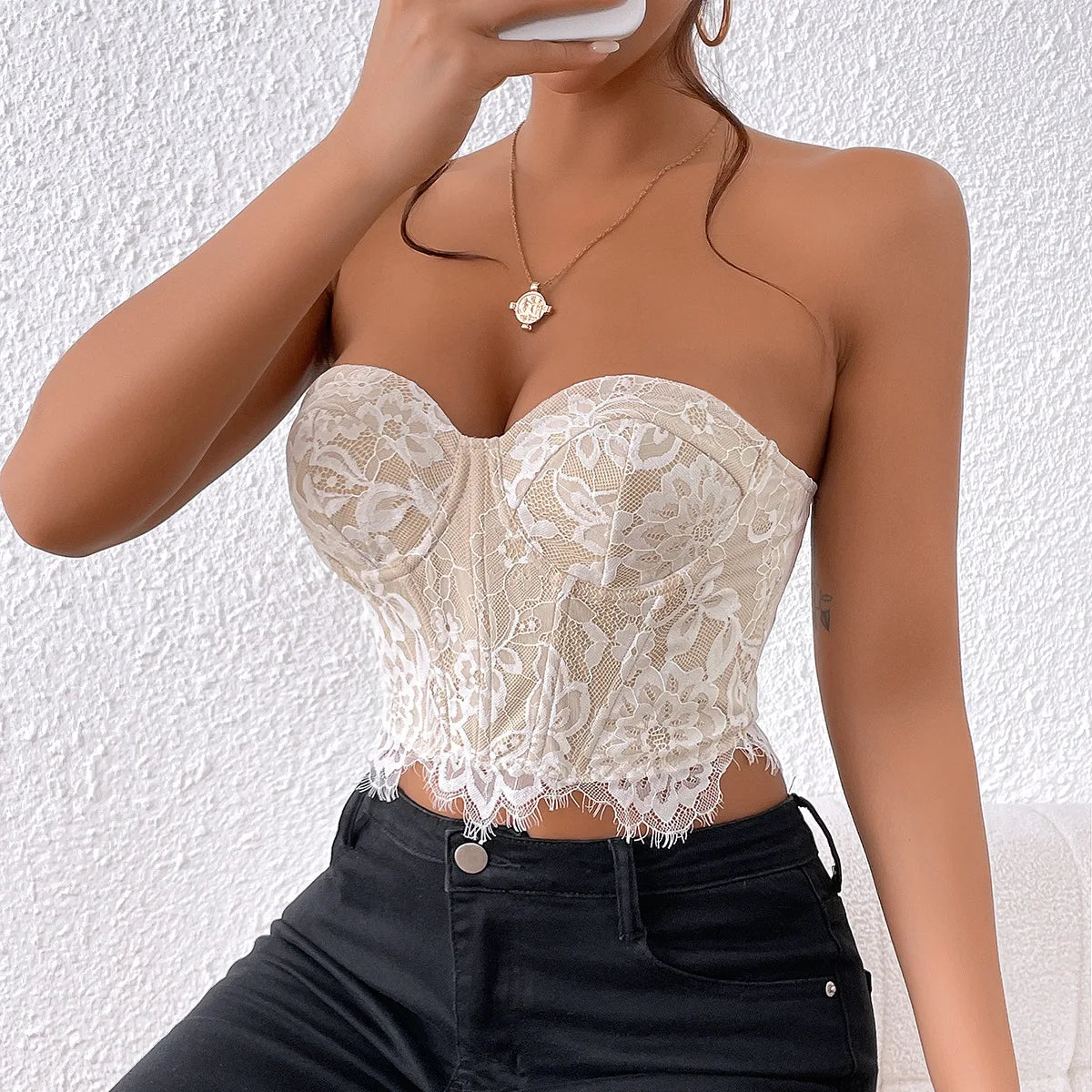 Sexy Lace Strapless Floral Crop Top