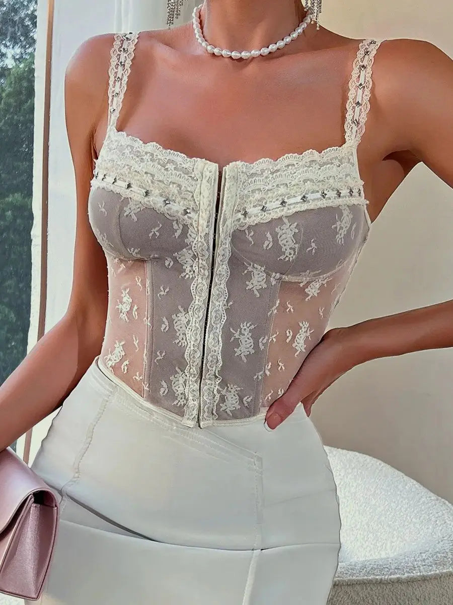 French Style Lace Trim See-Through Mesh Vest