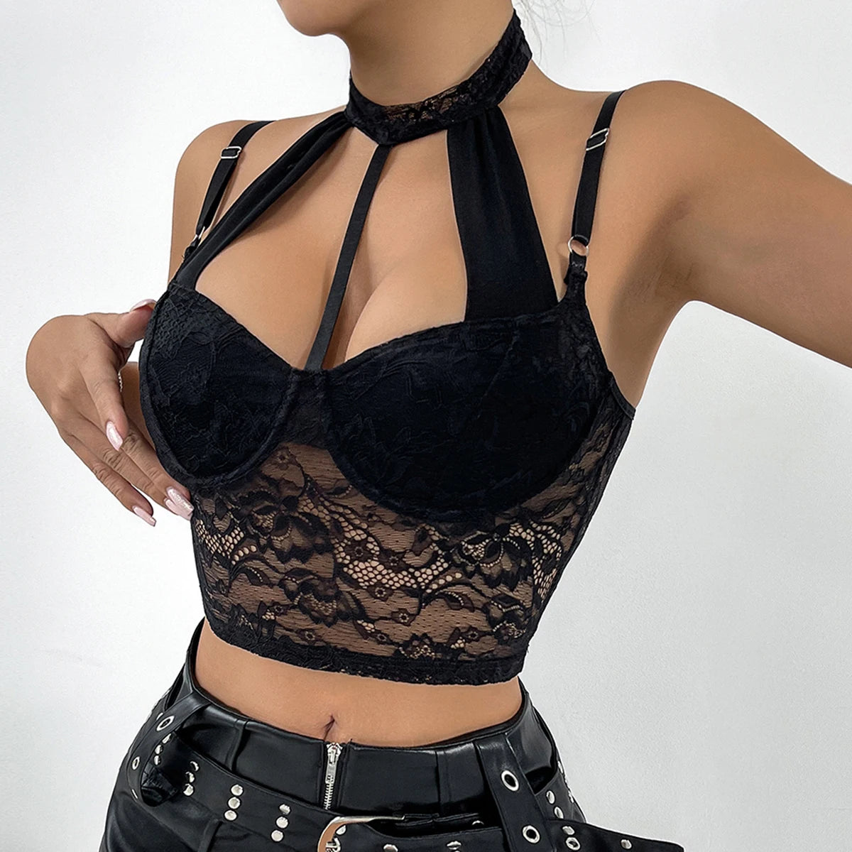 Sheer Embroidery Lace Backless Crop Top