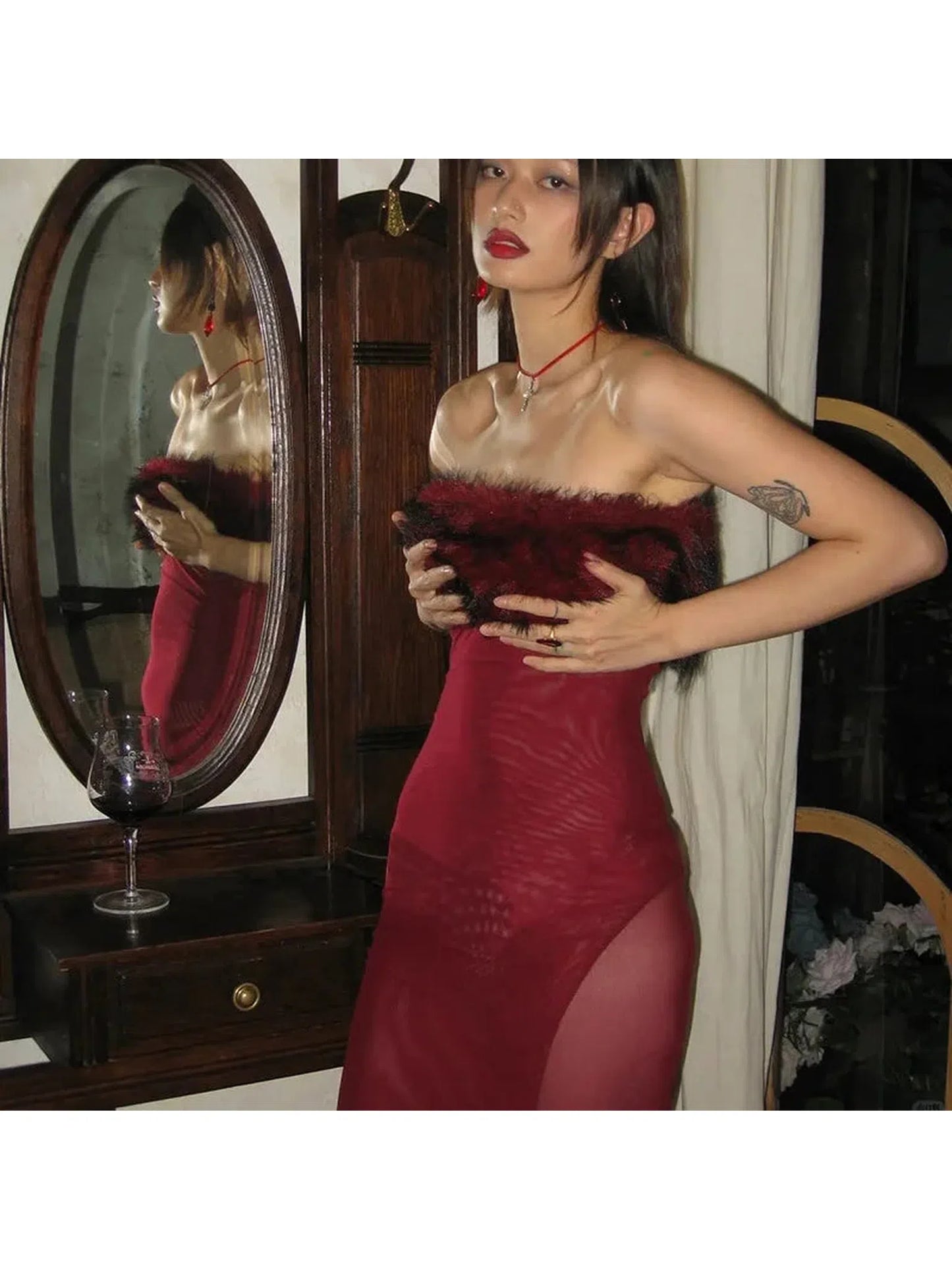 Wine Red Backless Maxi Dress with Feather Detail