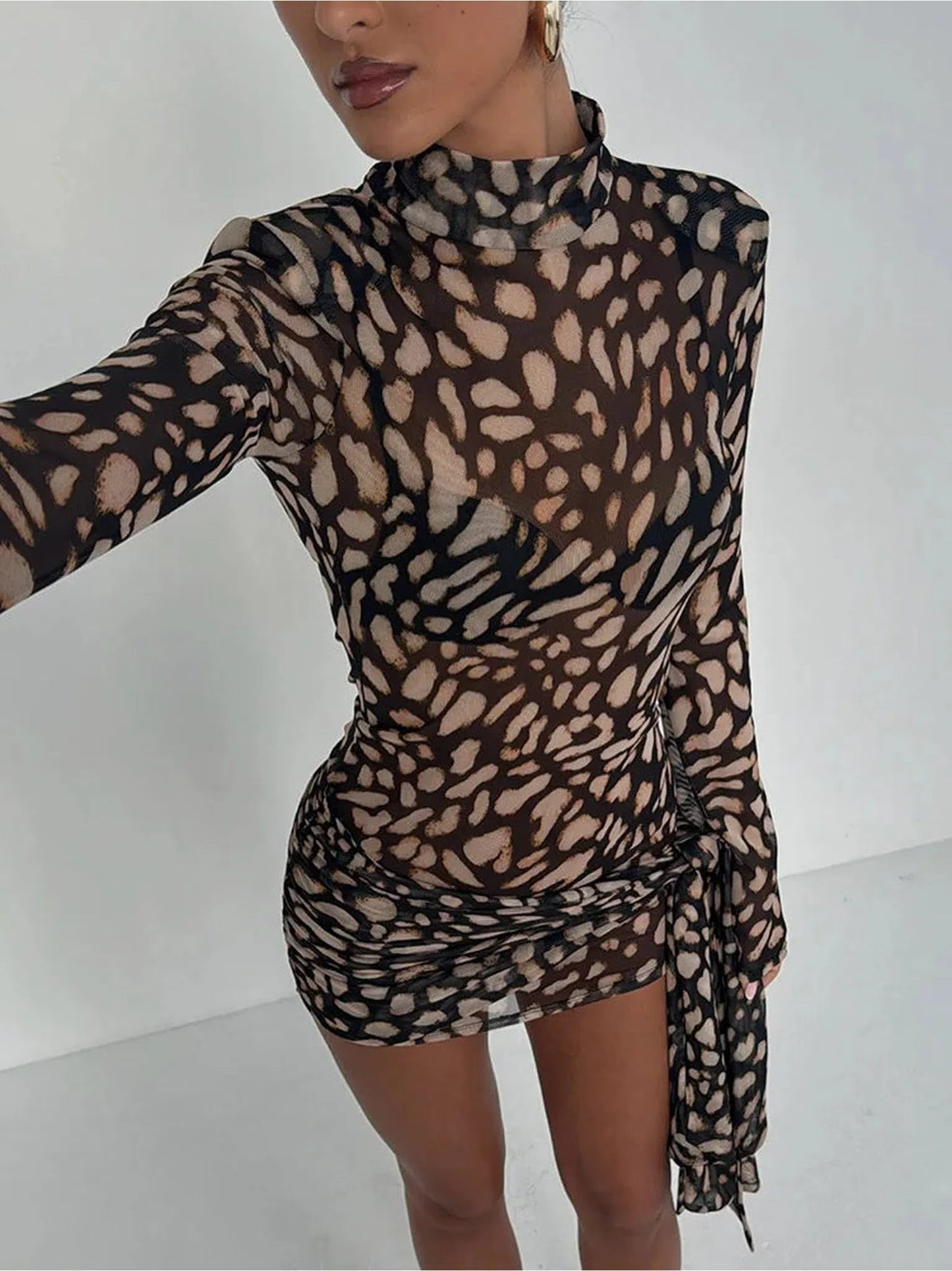 Leopard Print Turtleneck Mini Dress For Women