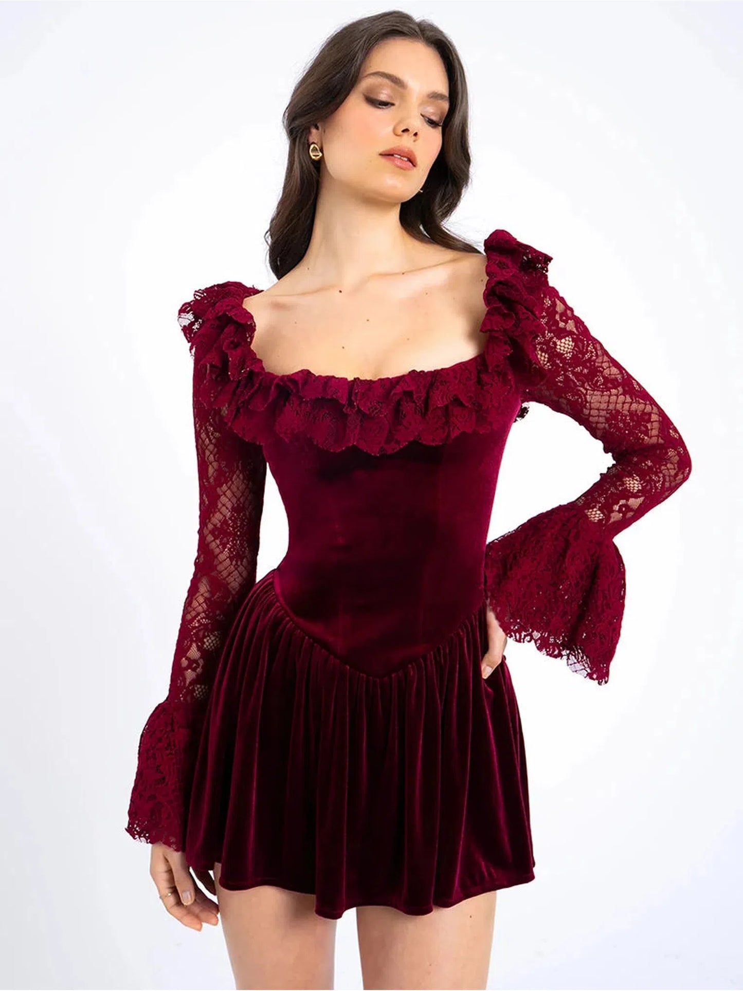 Elegant Burgundy Lace Flare Mini Dress For Women