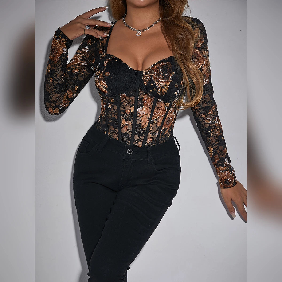 Black Long Sleeve V Neck Floral Lace Bodysuit