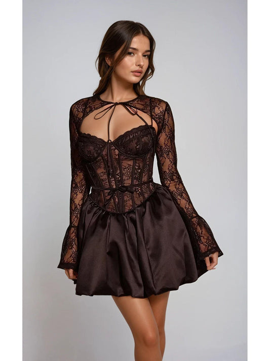 Black Lace Puffball Mini Dress with Sheer Sleeves