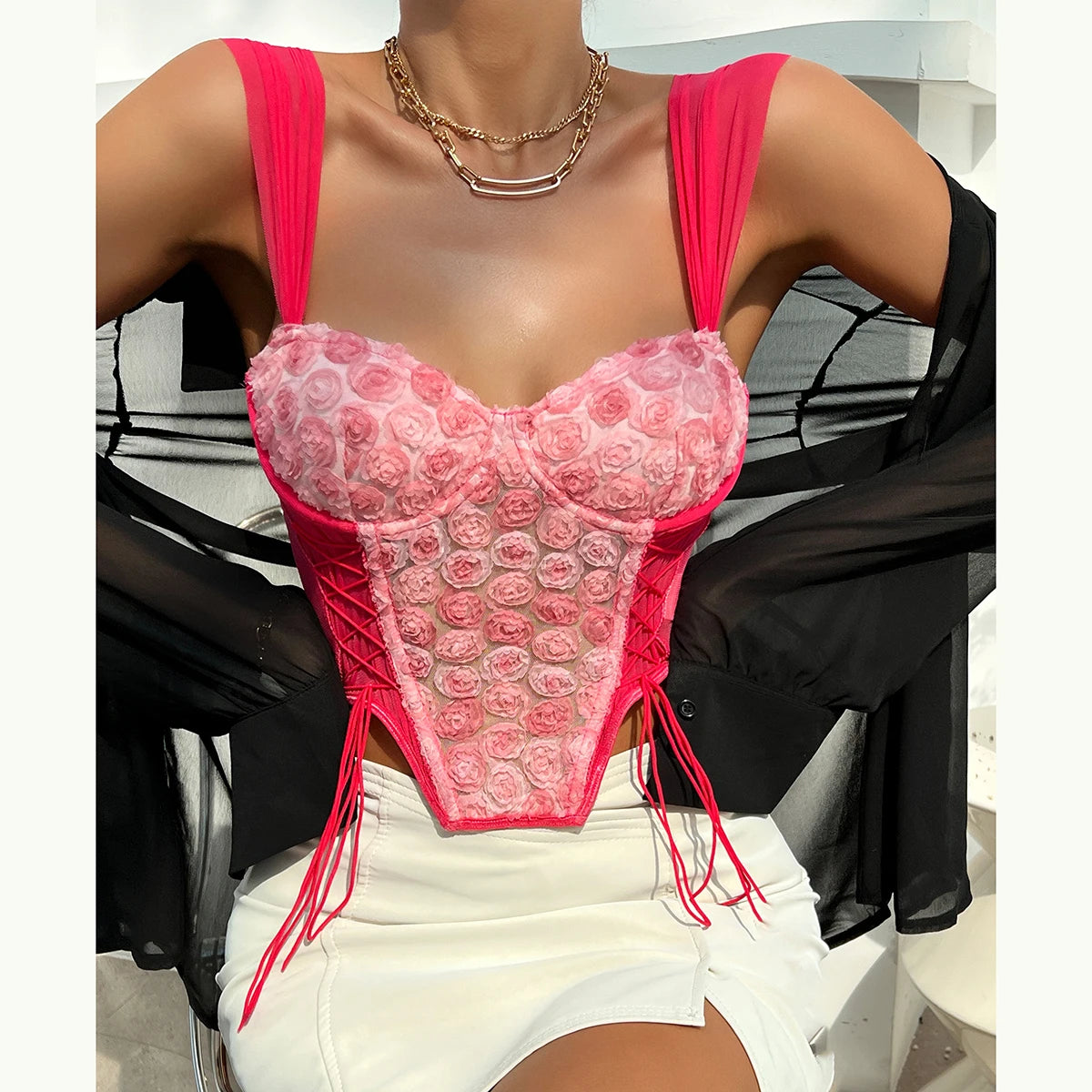 Pink Halter V Neck Lace Crop Top with 3D Rose Flowers