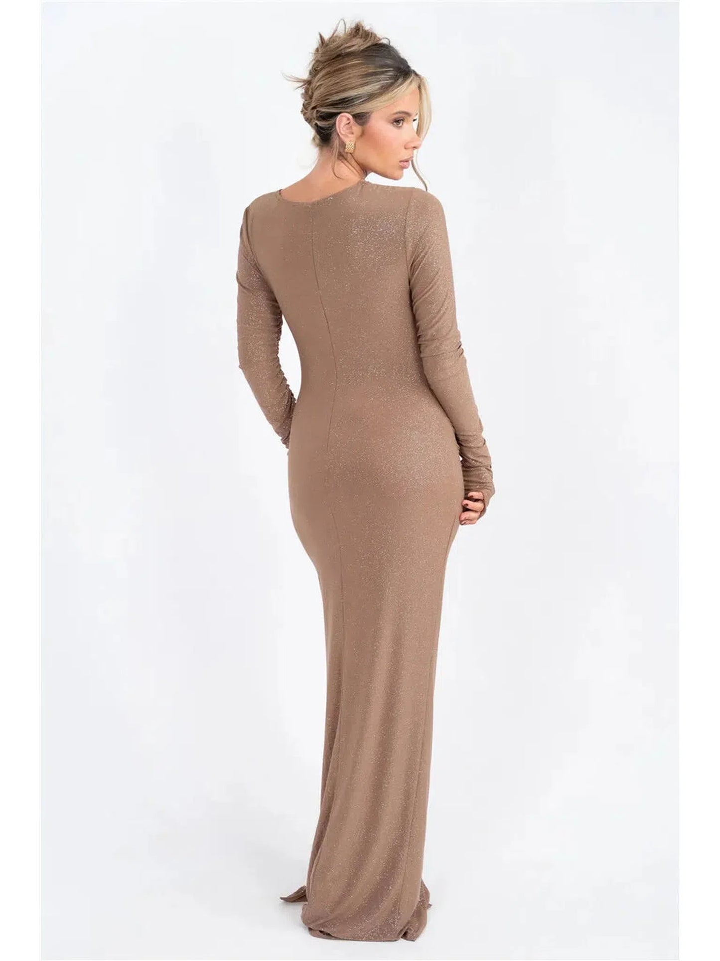 Sparkle Long Sleeve Ruched Maxi Dress With Thigh High Split