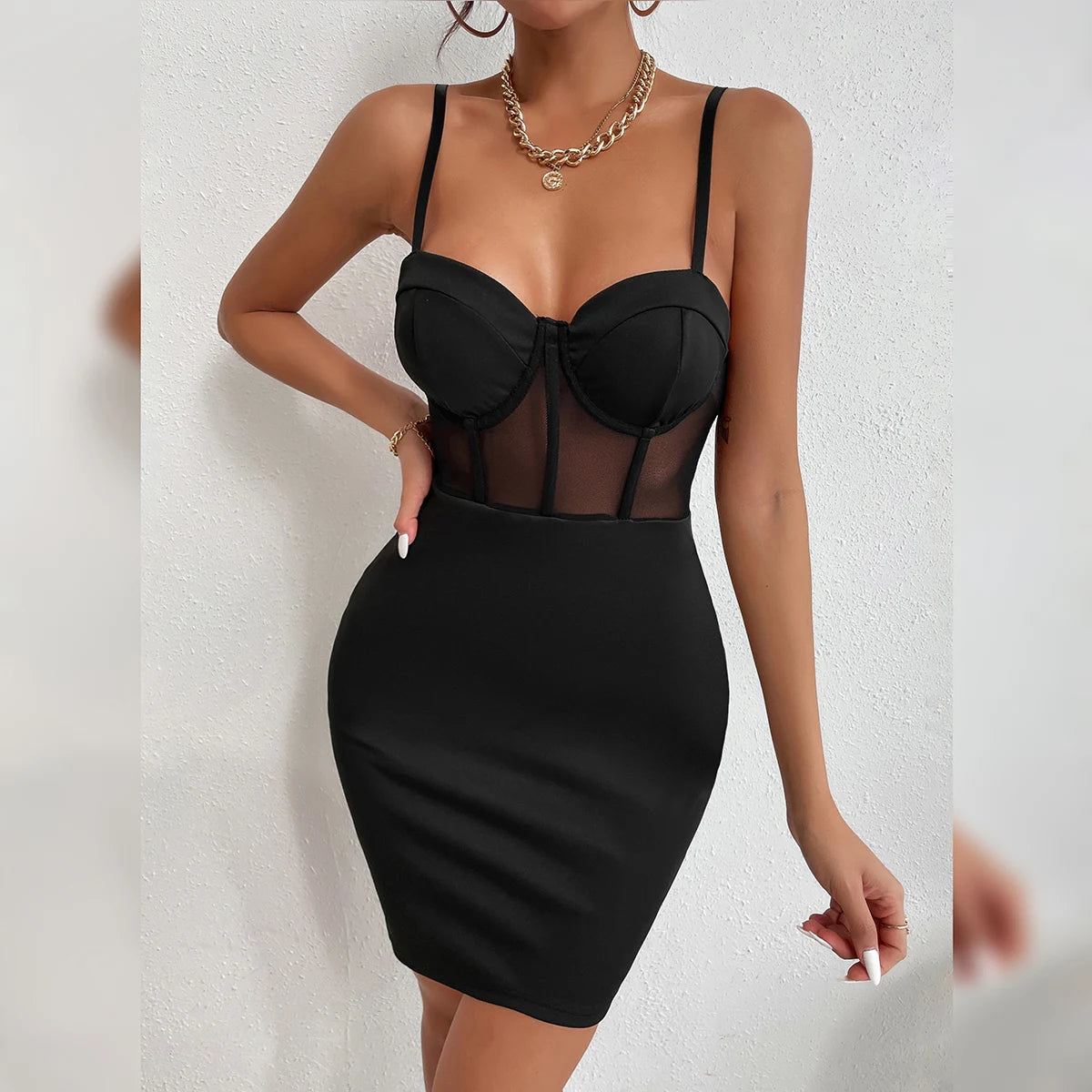 Hollow Mesh Sheer V Neck Club Dress