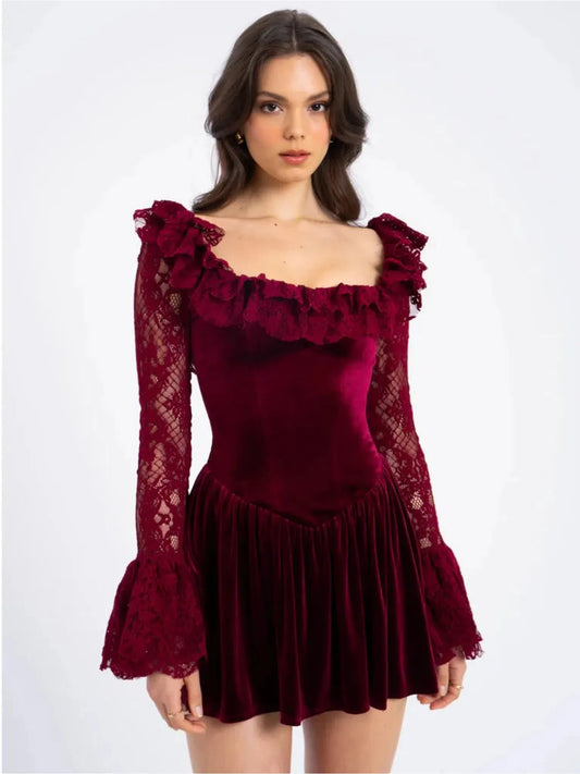 Elegant Burgundy Lace Flare Mini Dress For Women