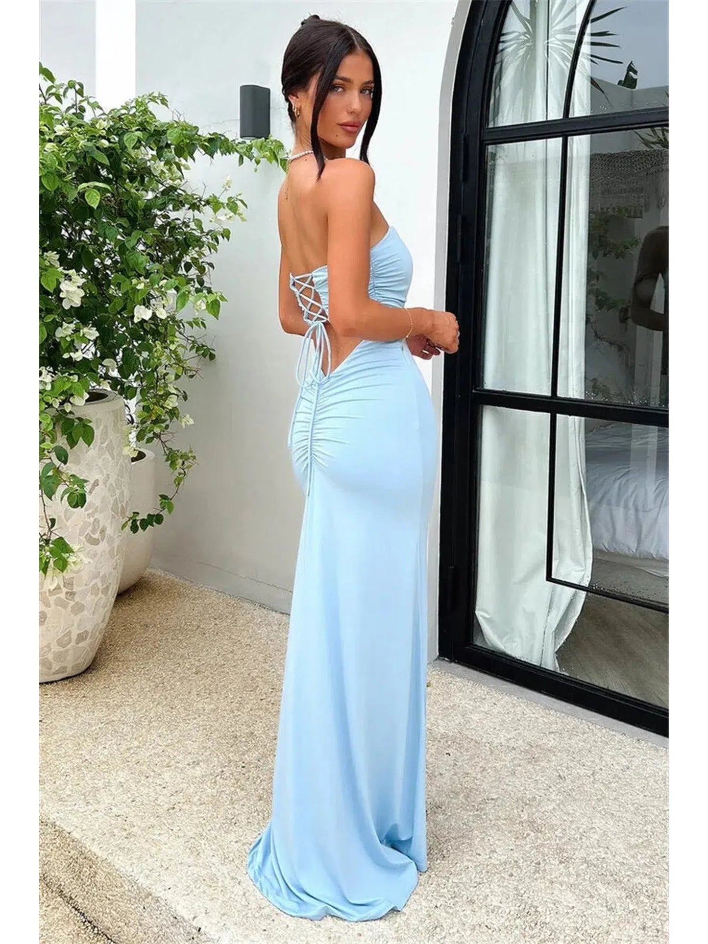 Strapless Backless Lace-Up Maxi Dress for Women