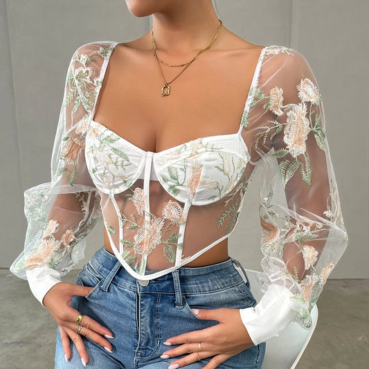 Sexy Lace Hollow Out Mesh Crop Top