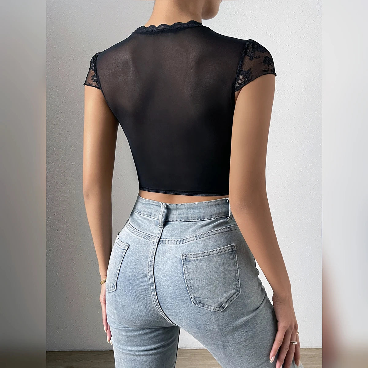 Lace Hollow V Neck Crop Top with Embroidery