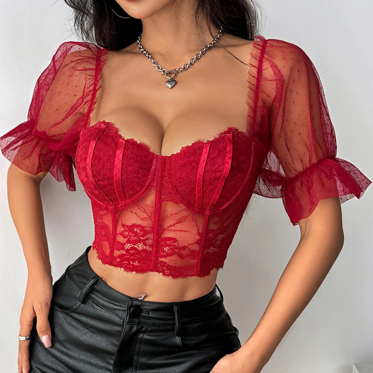 Bare Shoulder V-Neck Sheer Puff Sleeve Crop Top