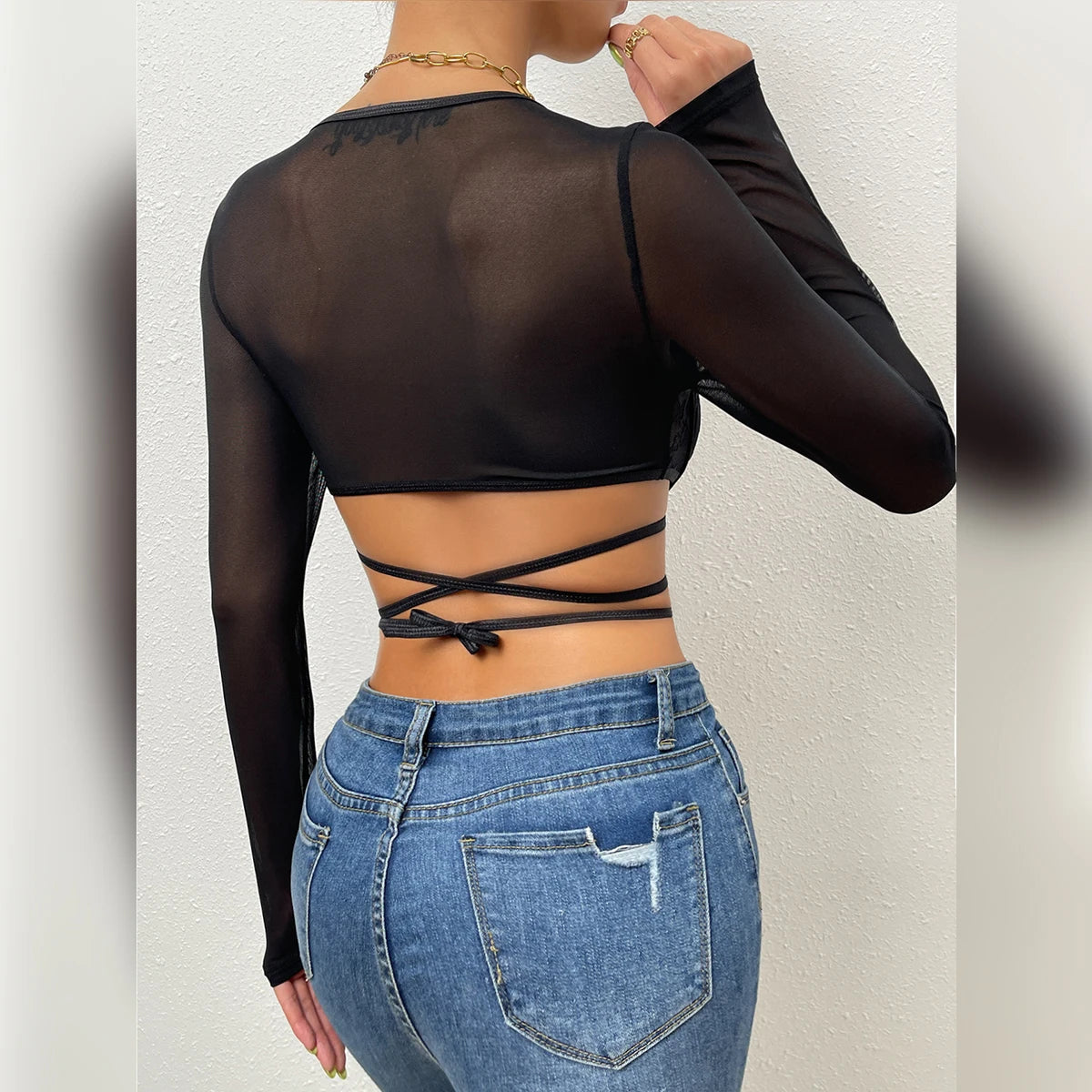 V-Neck Hollow Mesh Long Sleeve Crop Top