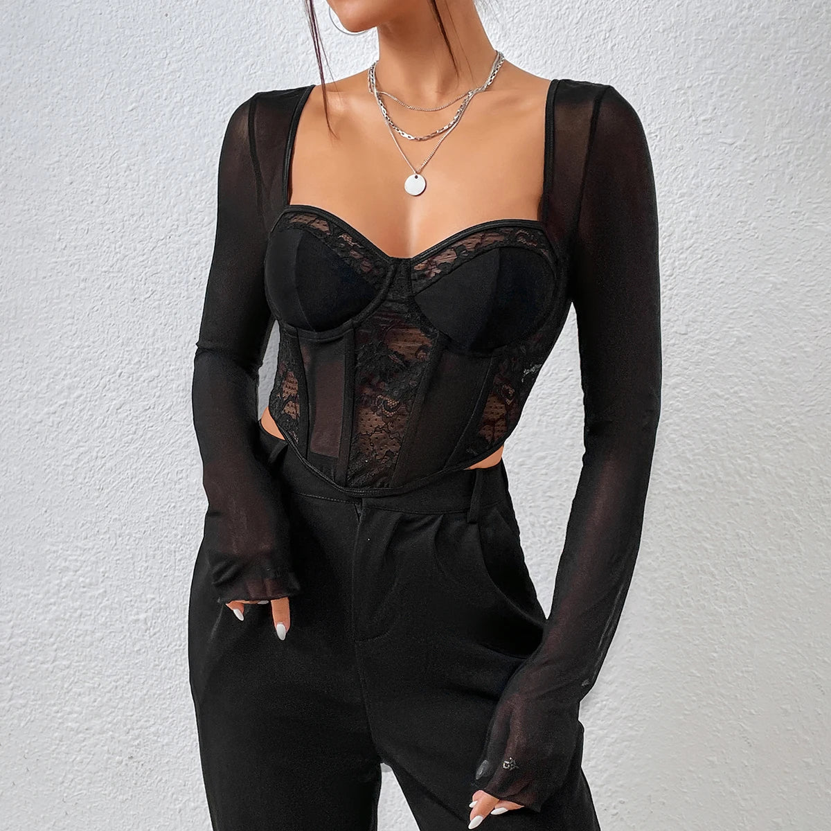 Autumn Chic Sexy V Neck Long Sleeve Mesh Crop Top