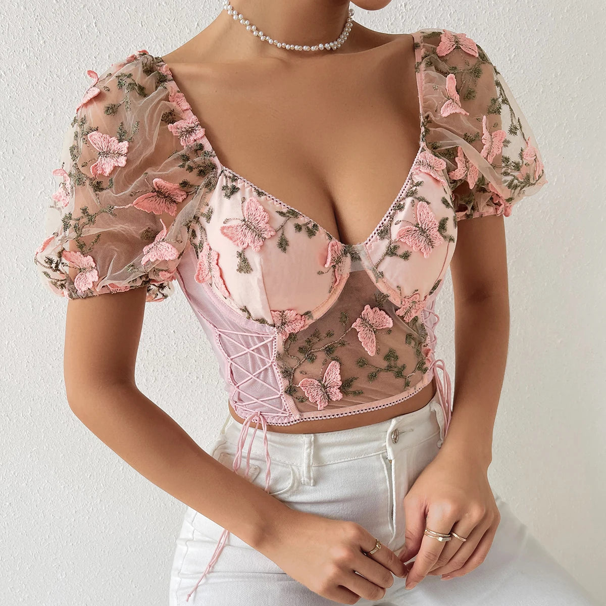 Sexy Mesh See-Through Crop Top with Butterfly Embroidery