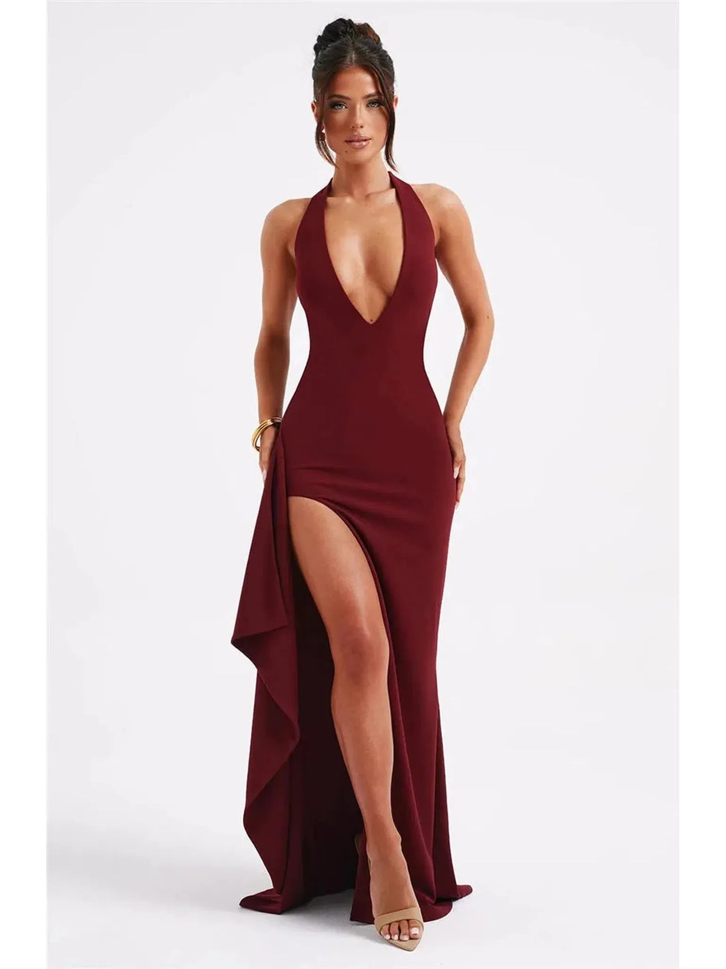 Deep V Neck Thigh High Split Maxi Dress Women Halter Backless