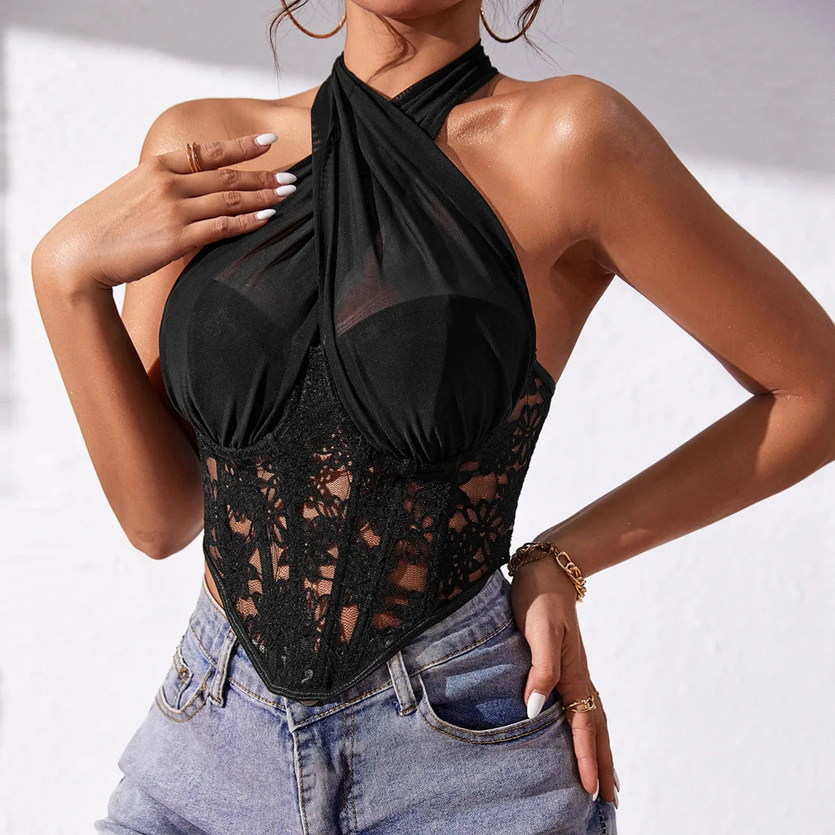 Sheer Lace Hollow Mesh Backless Crop Top