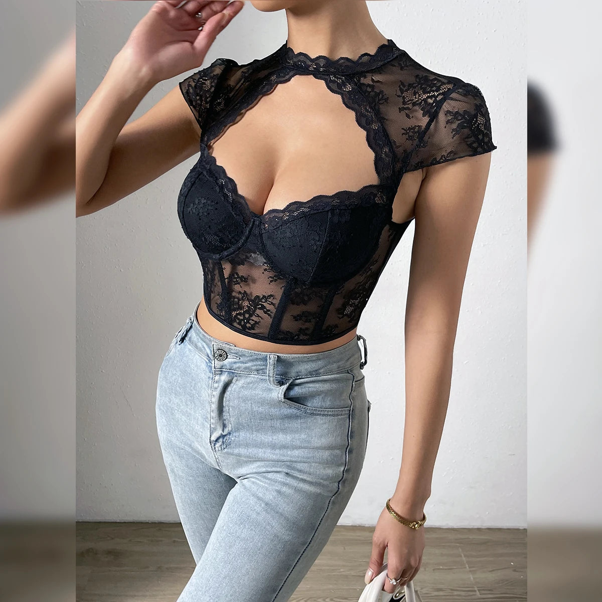 Lace Hollow V Neck Crop Top with Embroidery