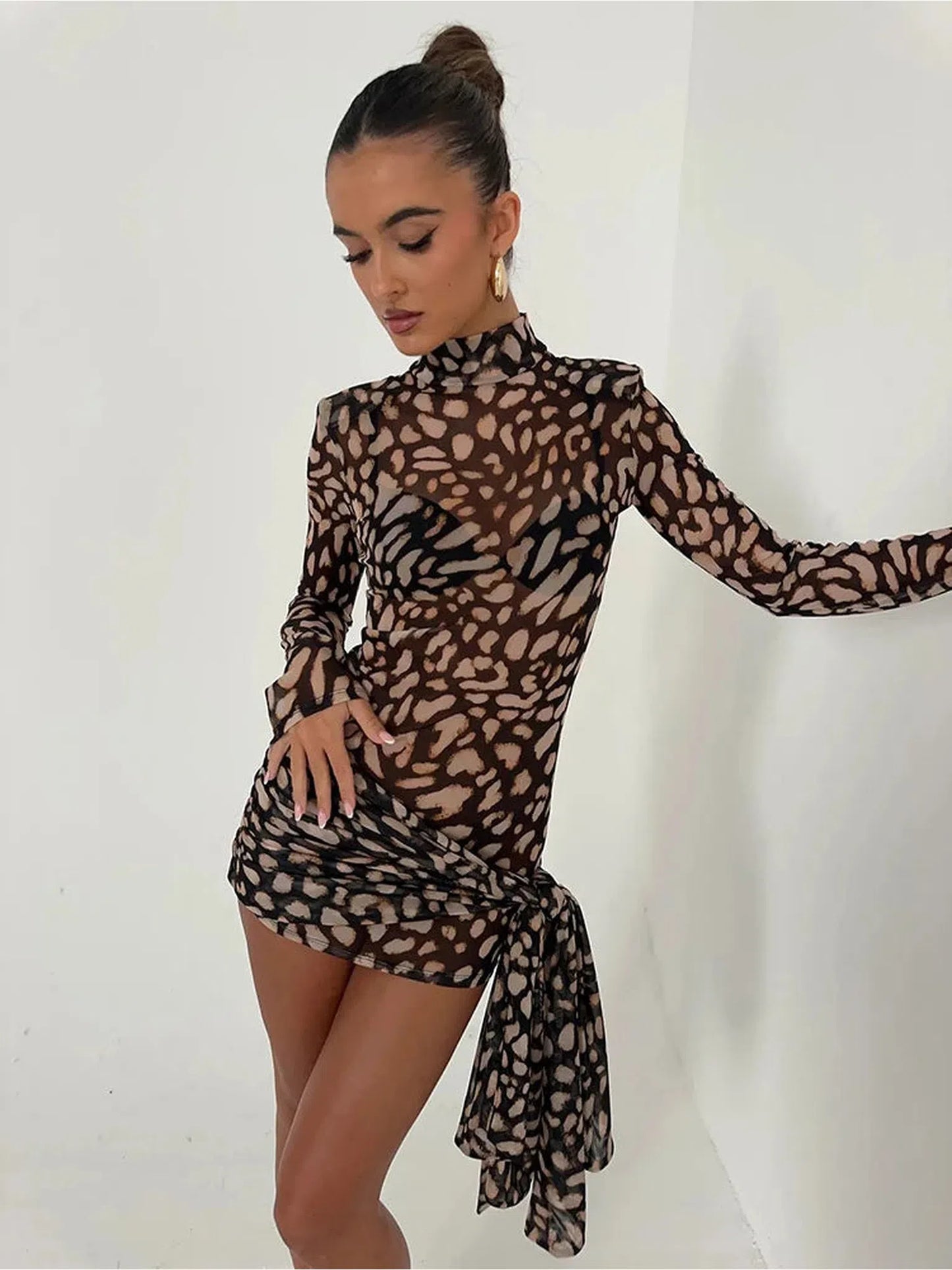 Leopard Print Turtleneck Mini Dress For Women