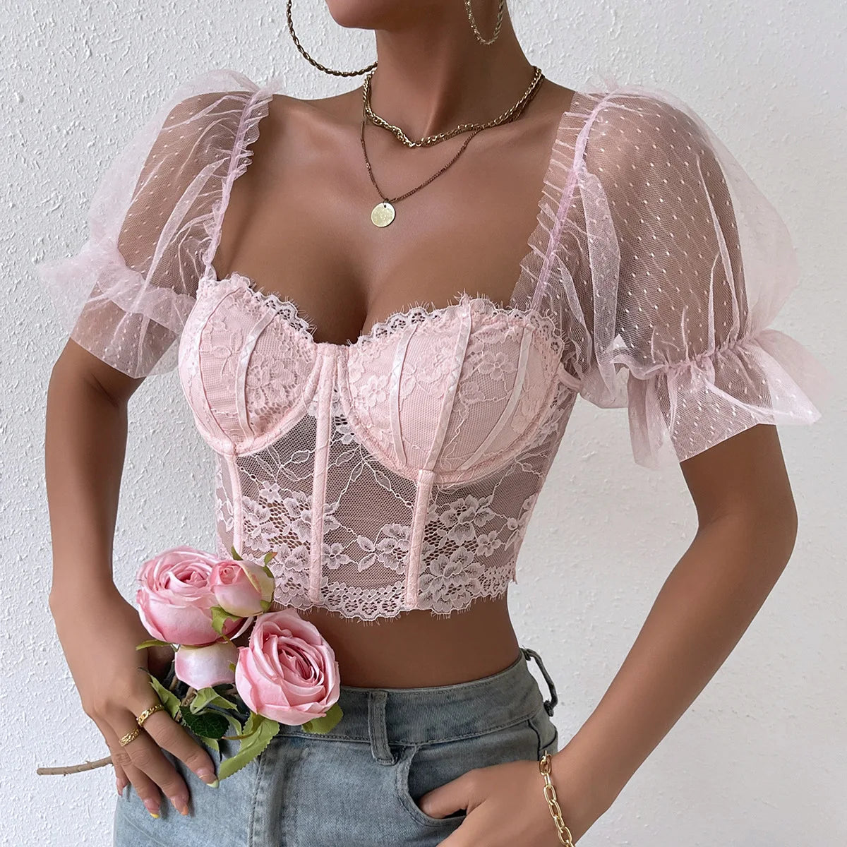 Bare Shoulder V-Neck Sheer Puff Sleeve Crop Top