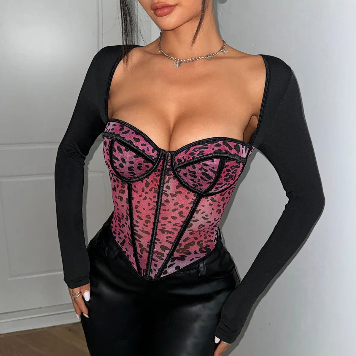 Women's Long-Sleeved Leopard Print Mesh Corset Top