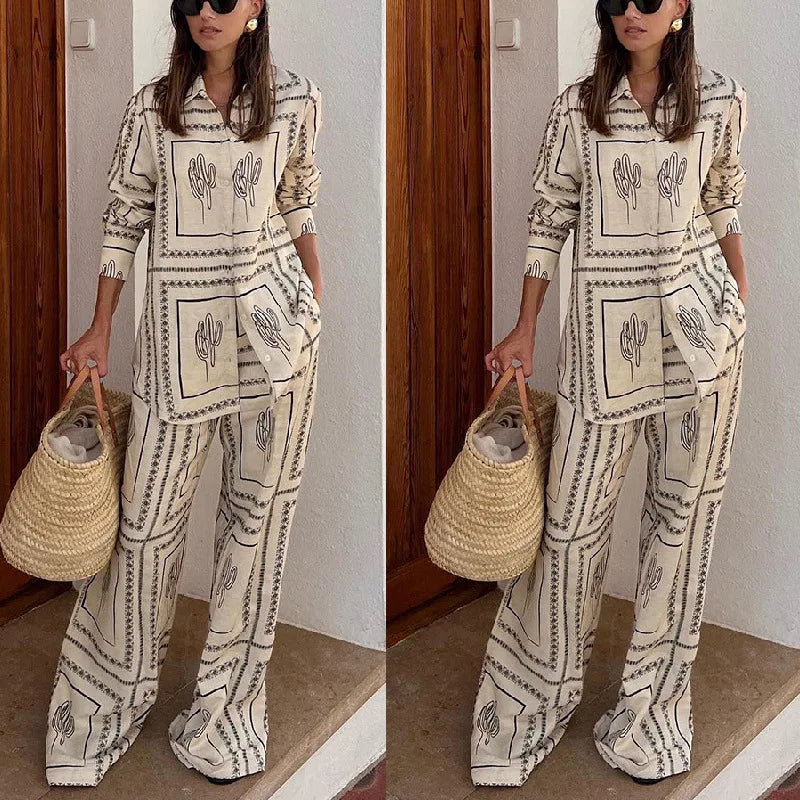 Stylish Printed Shirt and Wide Leg Pants Set