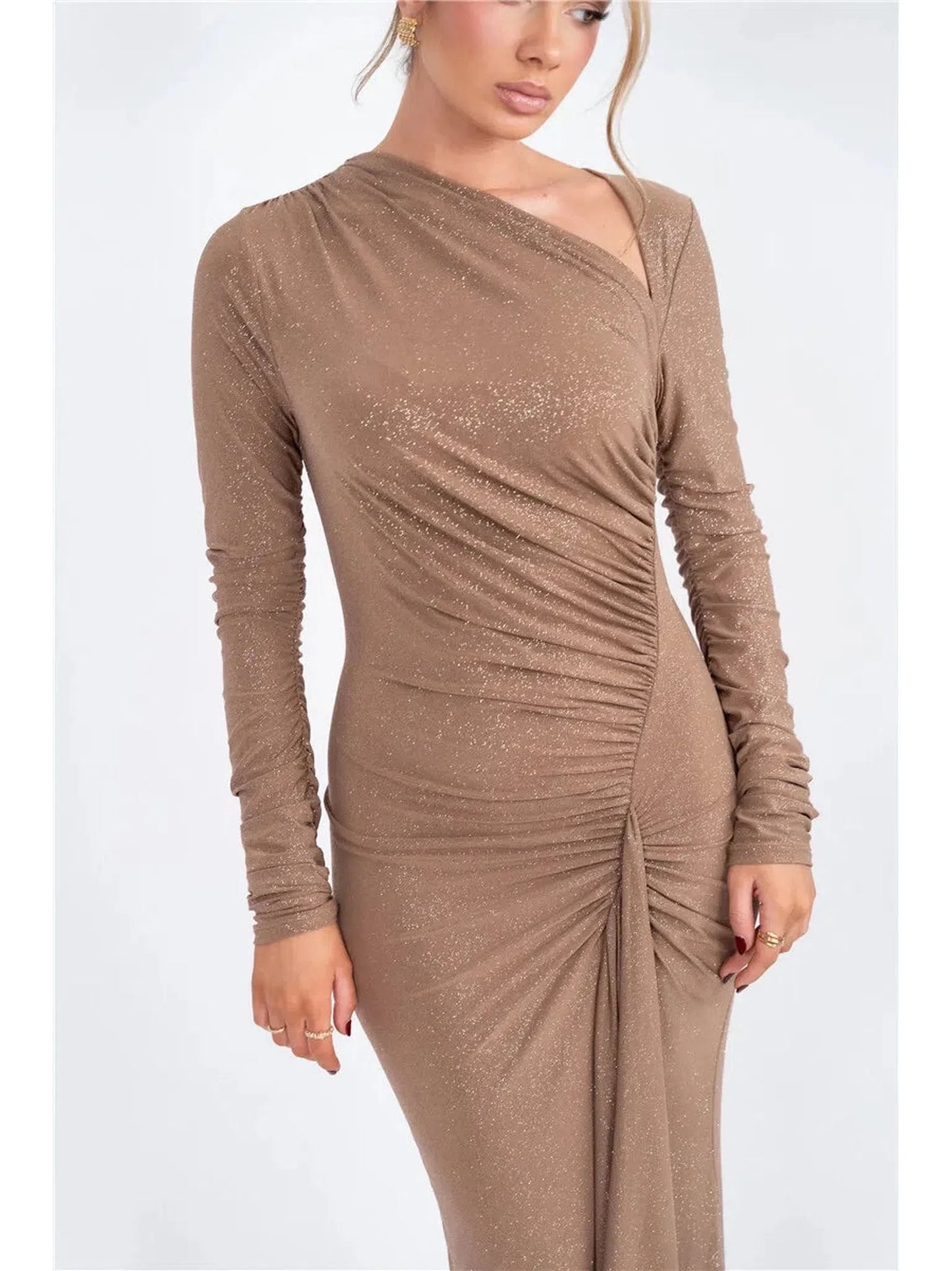 Sparkle Long Sleeve Ruched Maxi Dress With Thigh High Split