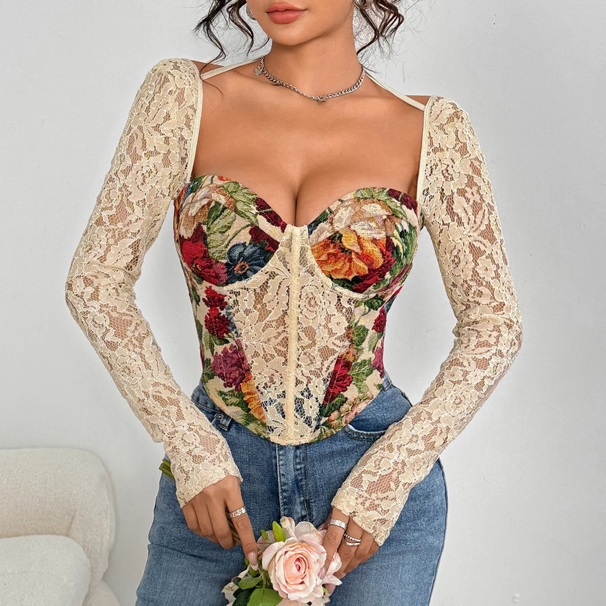 Vintage Floral Lace Insert Wrap Top