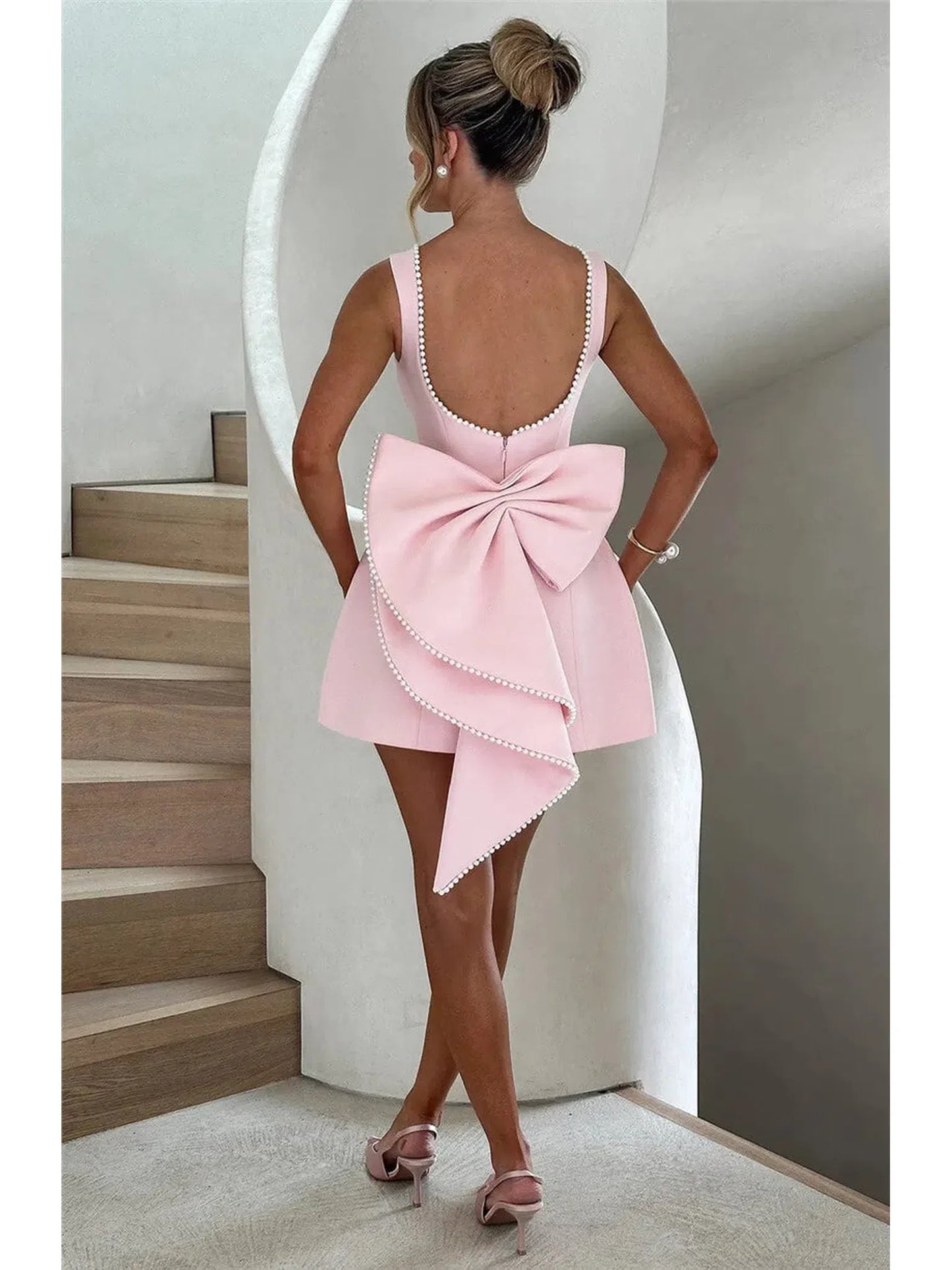 Pearl Bow Backless Mini Dress For Women