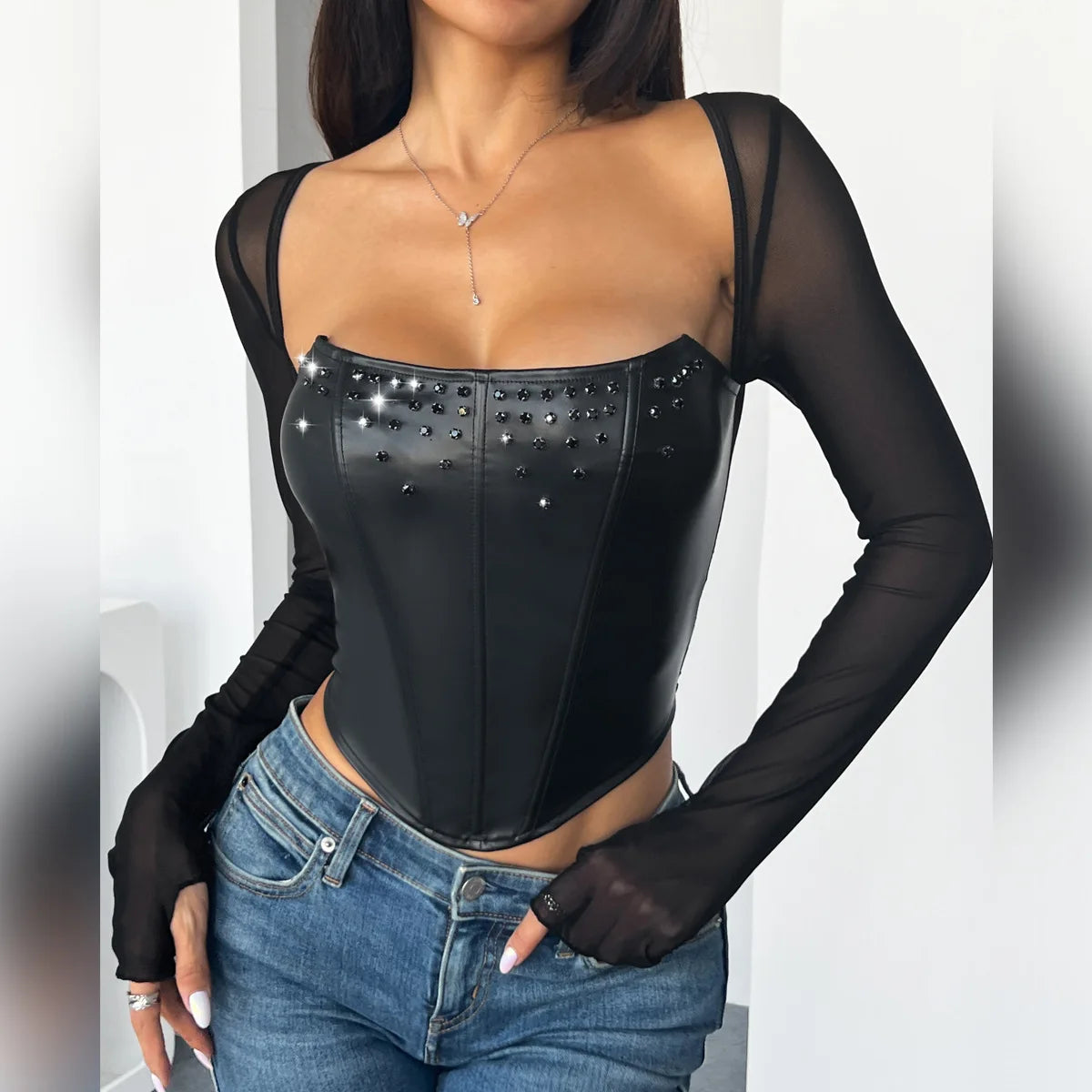 Long Sleeve PU Leather Bralette with Diamond Embellishment