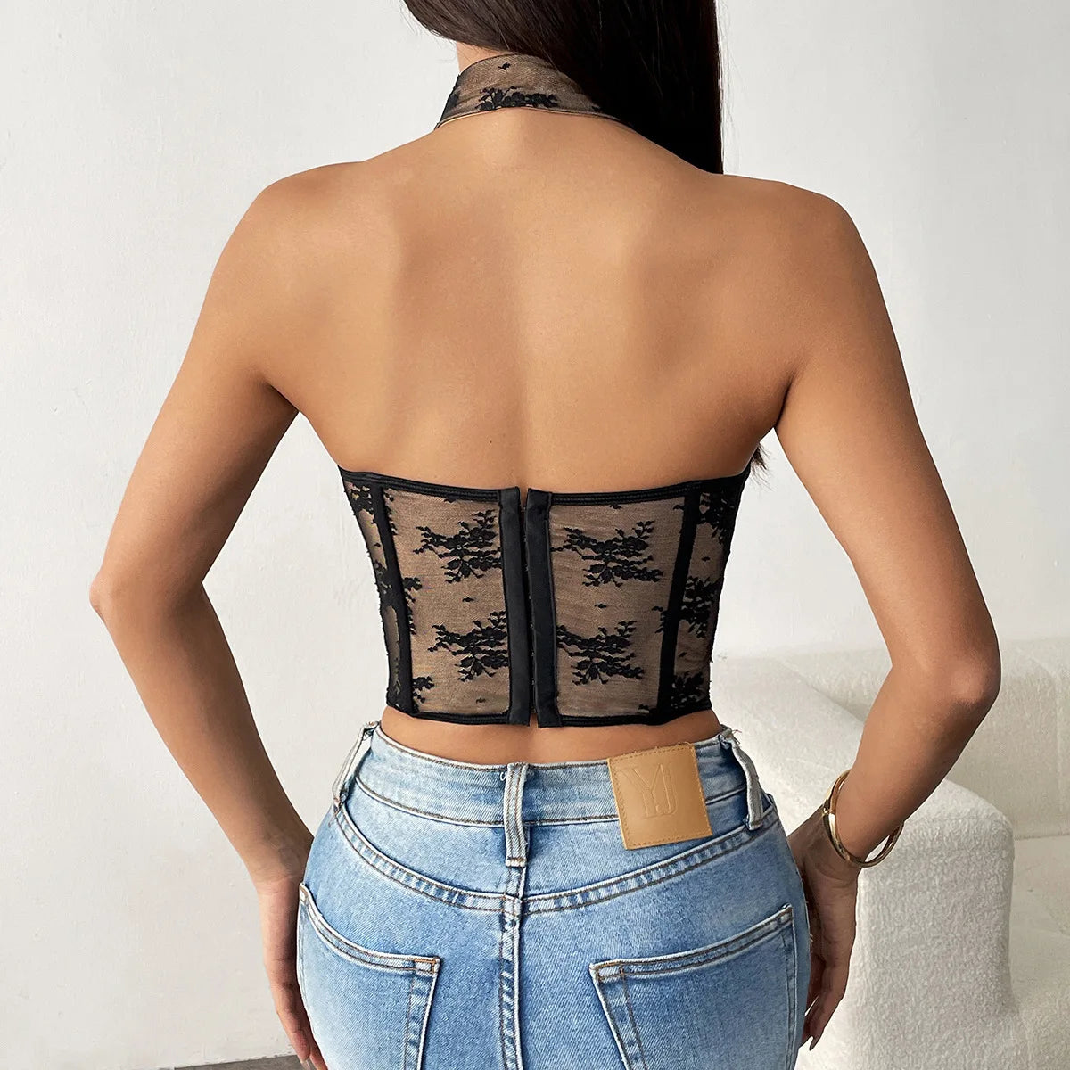 Lace Strapless Cheongsam Style Top with Fishbone Back