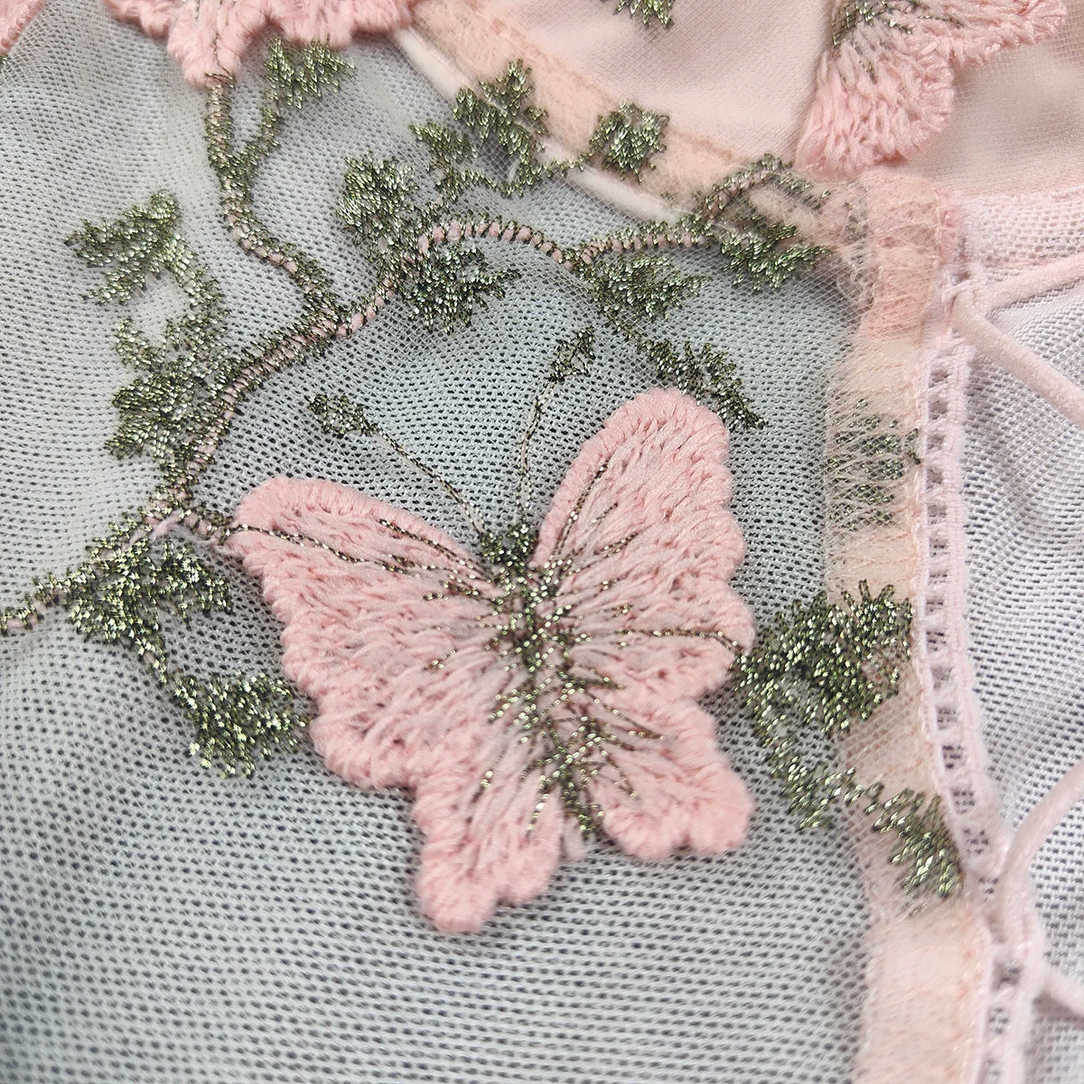 Sexy Mesh See-Through Crop Top with Butterfly Embroidery