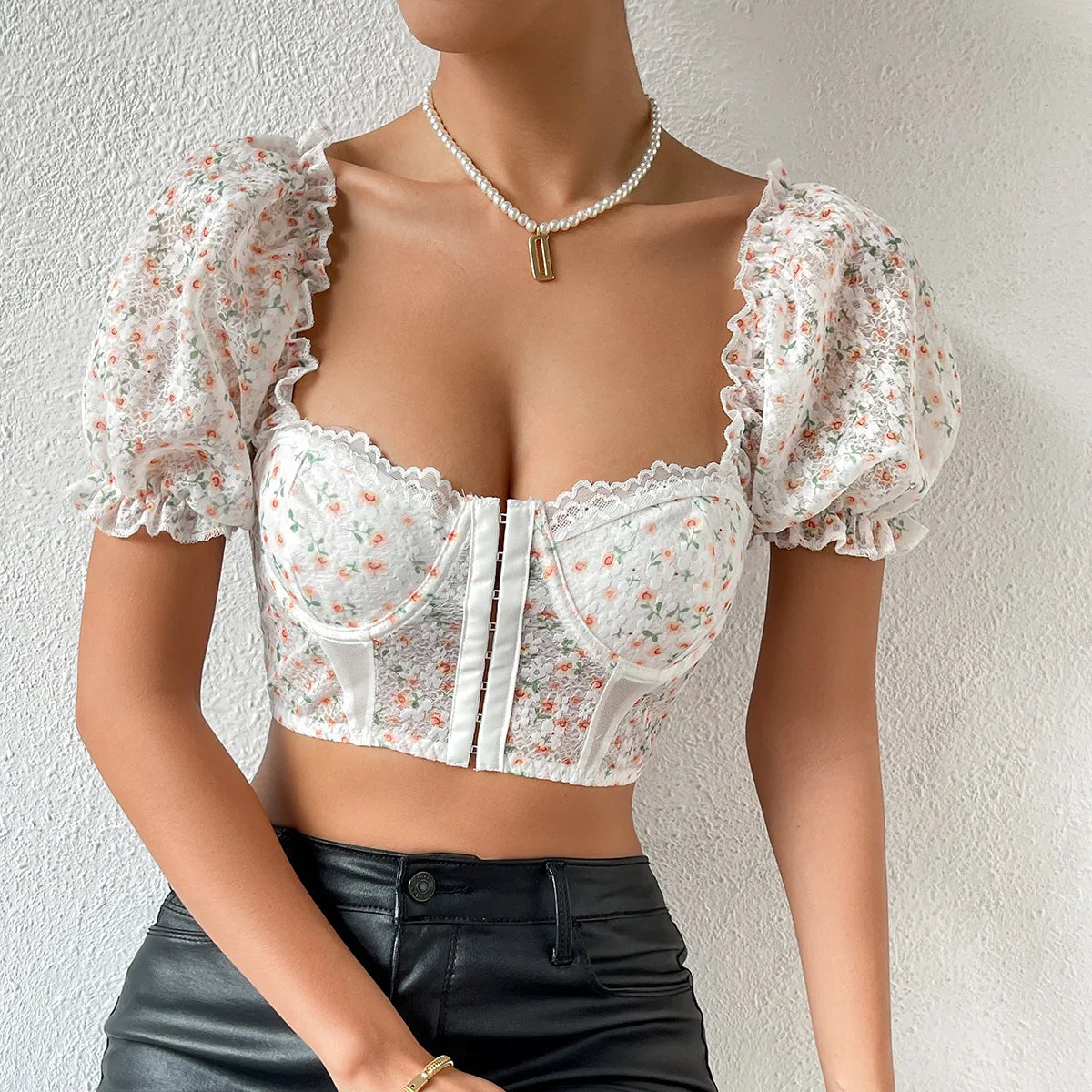 Lace Embroidery Backless Puff Sleeve Crop Top