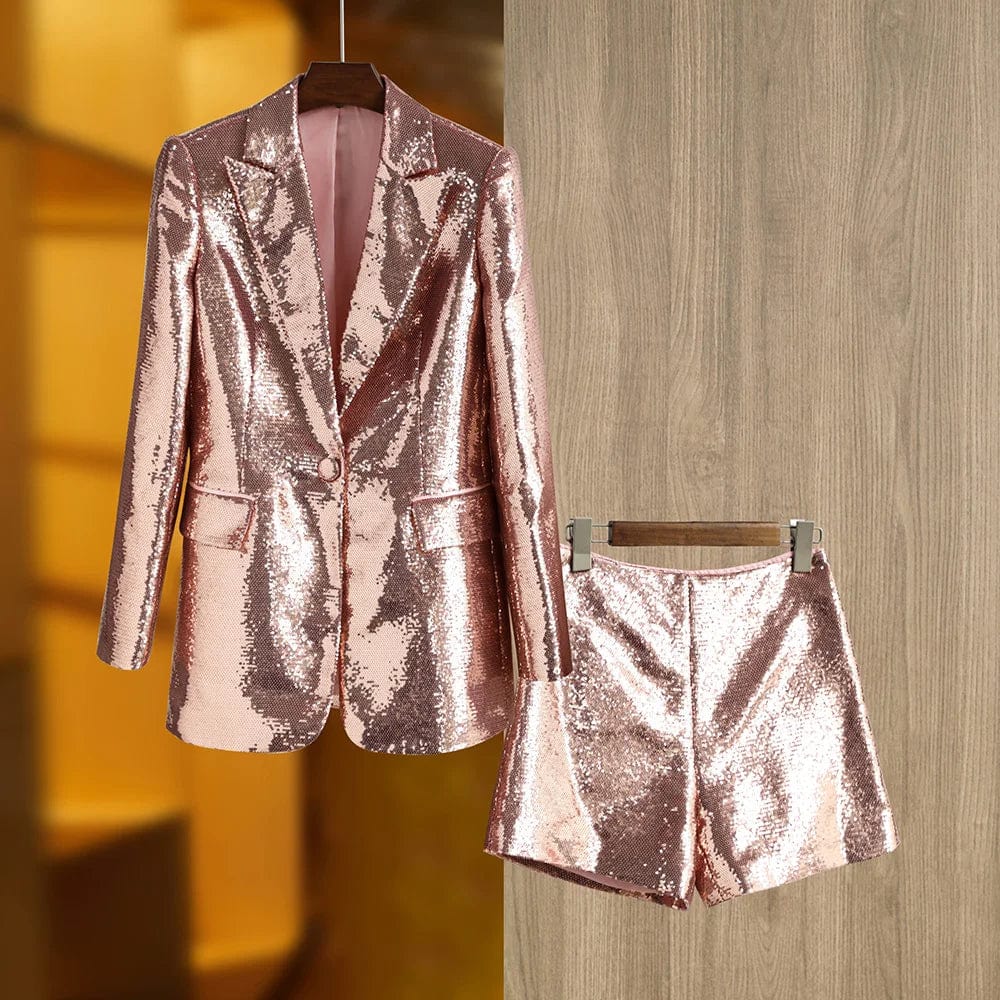 Champagne Sequined Blazer and Shorts Set