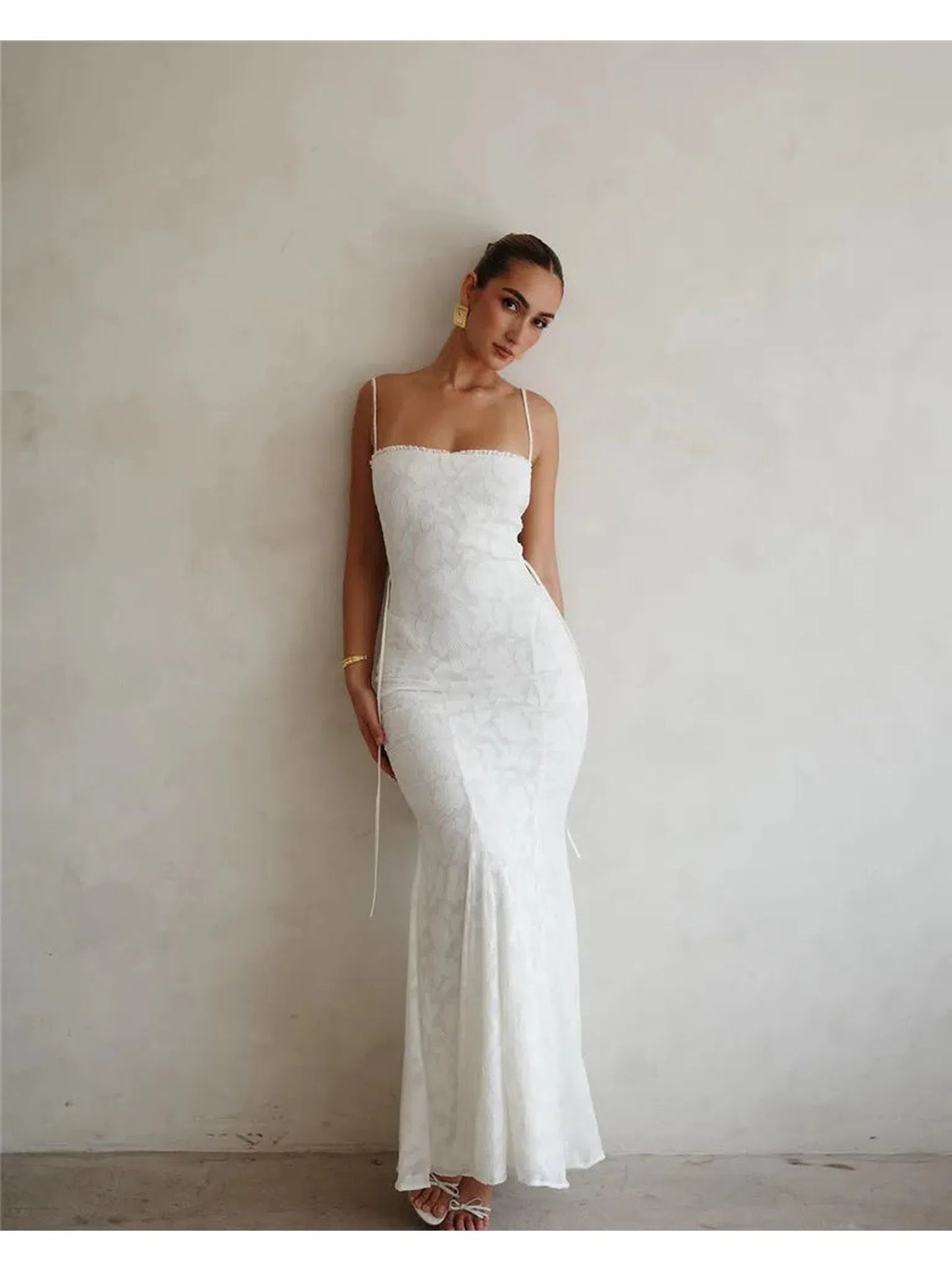 White Backless Lace-Up Maxi Dress For Women