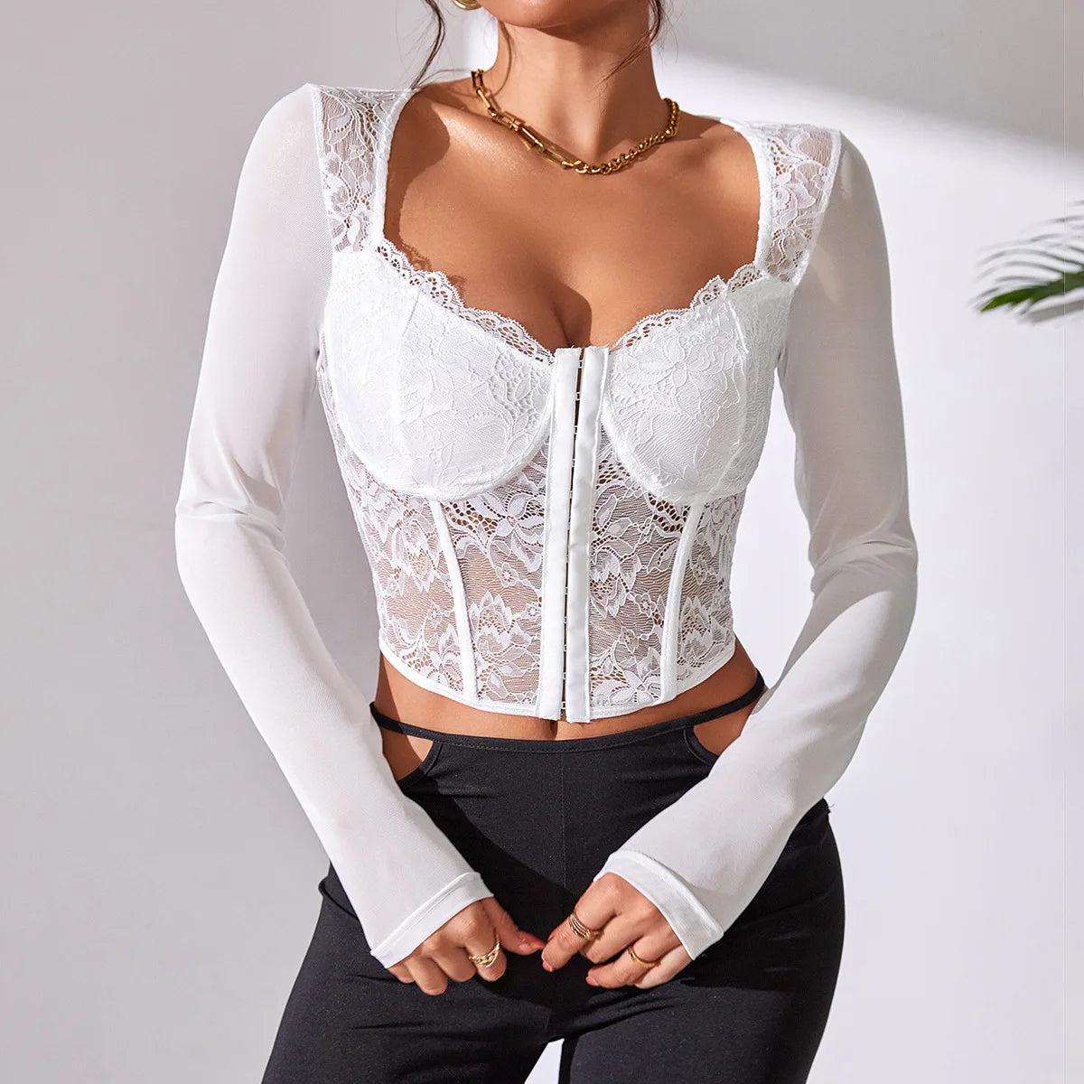 Backless Lace Long Sleeve Floral Crop Top