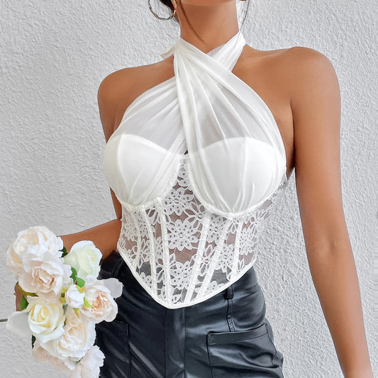 Sheer Lace Hollow Mesh Backless Crop Top